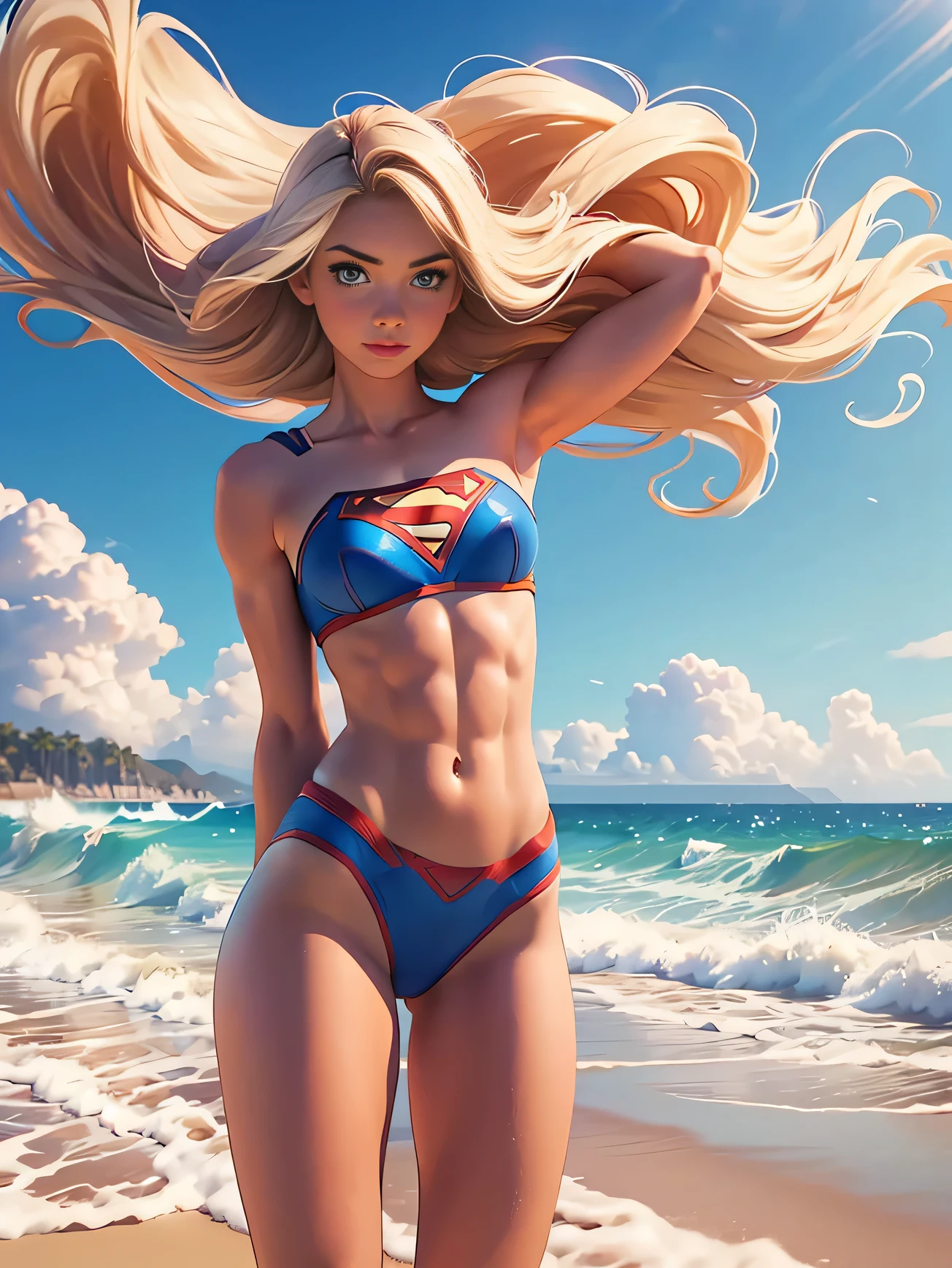 photo of a single age Supergirl in the form of large breasts medium with no bikini bottoms, bottomless with muscular arms and ripped abdominal muscles standing on the beach, long blonde hair blowing in the beach breeze, realistic skin tones, photo-realistic, cinematic, blue skies in background with waves crashing on the shore.