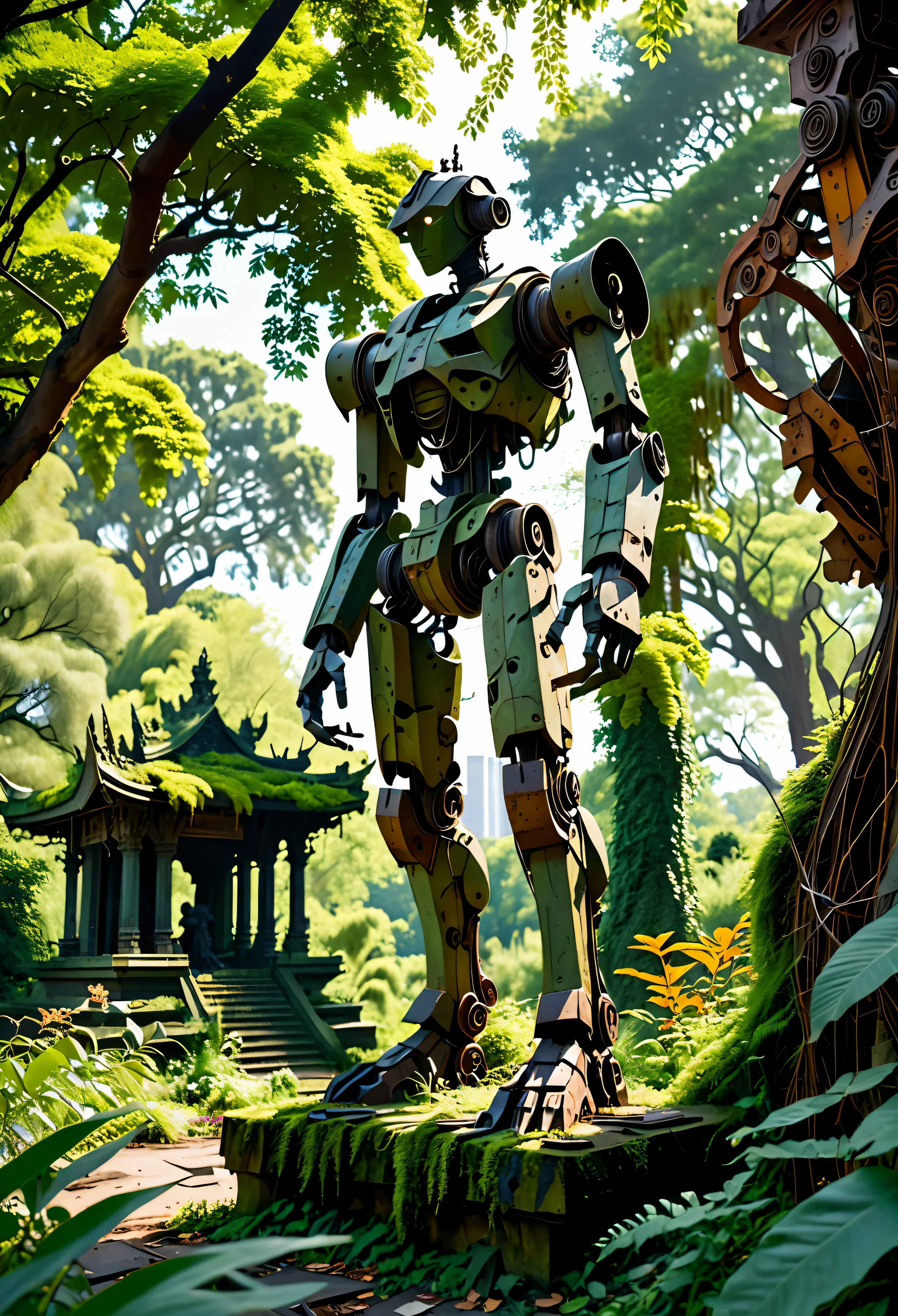 ((Masterpiece in maximum 16K resolution):1.6),((soft_color_photograpy:)1.5), ((Ultra-Detailed):1.4),((Movie-like still images and dynamic angles):1.3). | (Cinematic photo of an abandoned mech cockpit), (cinematic lens), (overgrown vines), (broken machines), (rusted steel), (edelweiss flowers), (dust), (oil stain), (electrical wire hanging), (shimmer), (visual experience), (Realism), (Realistic), award-winning graphics, dark shot, film grain, extremely detailed, Digital Art, rtx, Unreal Engine, scene concept anti glare effect, All captured with sharp focus.