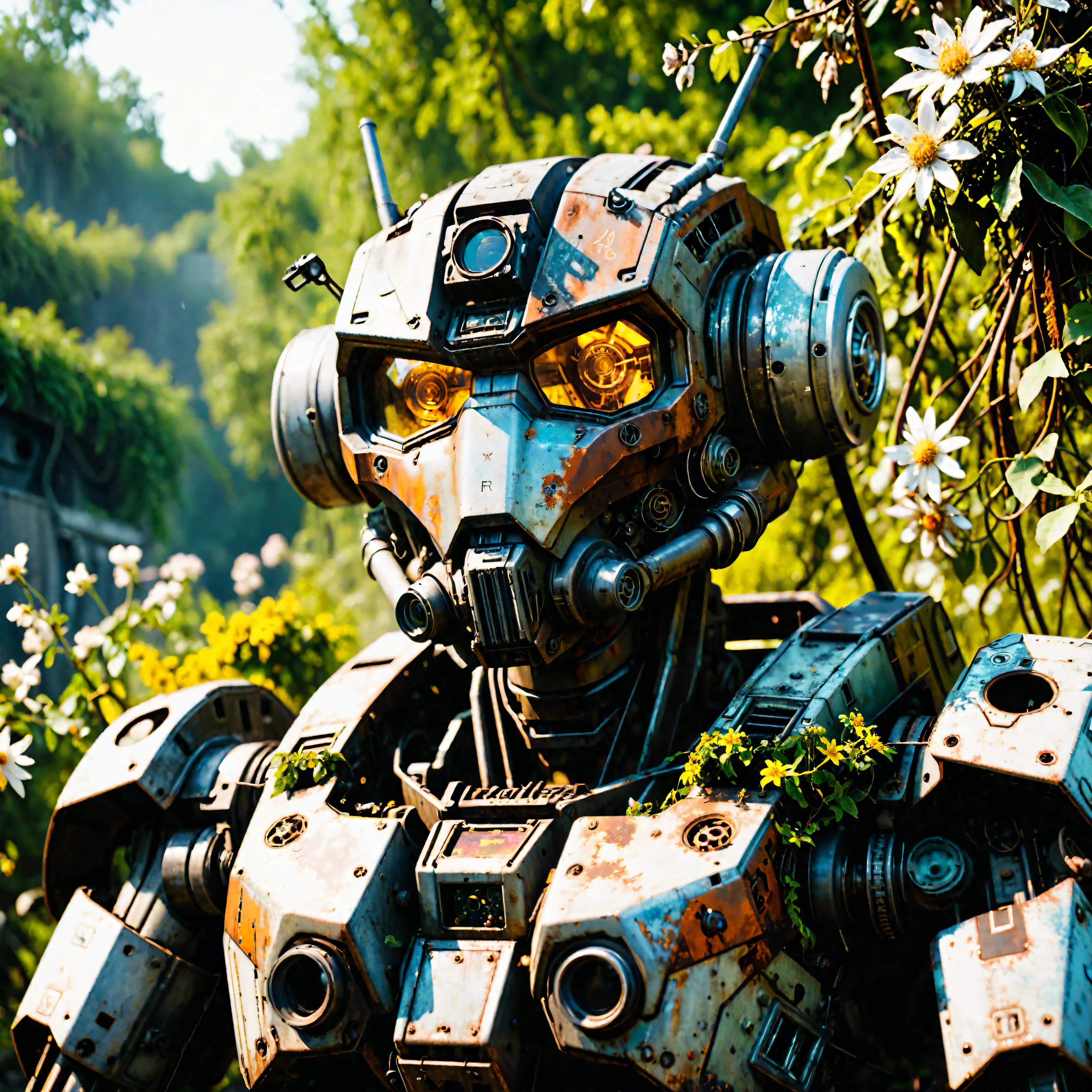 ((Masterpiece in maximum 16K resolution):1.6),((soft_color_photograpy:)1.5), ((Ultra-Detailed):1.4),((Movie-like still images and dynamic angles):1.3). | (Cinematic photo of an abandoned mech cockpit), (cinematic lens), (overgrown vines), (broken machines), (rusted steel), (edelweiss flowers), (dust), (oil stain), (electrical wire hanging), (shimmer), (visual experience), (Realism), (Realistic), award-winning graphics, dark shot, film grain, extremely detailed, Digital Art, rtx, Unreal Engine, scene concept anti glare effect, All captured with sharp focus.