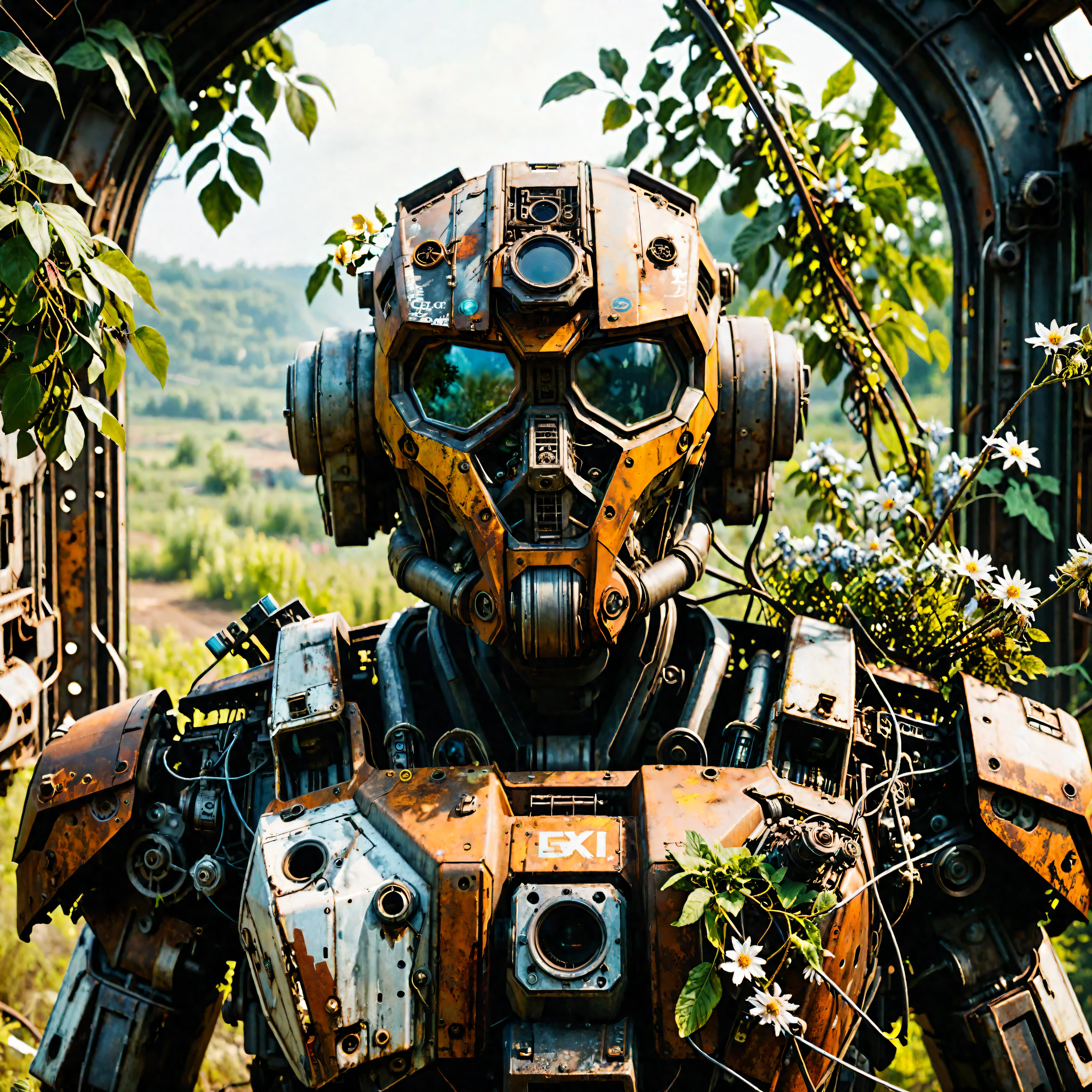 ((Masterpiece in maximum 16K resolution):1.6),((soft_color_photograpy:)1.5), ((Ultra-Detailed):1.4),((Movie-like still images and dynamic angles):1.3). | (Cinematic photo of an abandoned mech cockpit), (cinematic lens), (overgrown vines), (broken machines), (rusted steel), (edelweiss flowers), (dust), (oil stain), (electrical wire hanging), (shimmer), (visual experience), (Realism), (Realistic), award-winning graphics, dark shot, film grain, extremely detailed, Digital Art, rtx, Unreal Engine, scene concept anti glare effect, All captured with sharp focus.