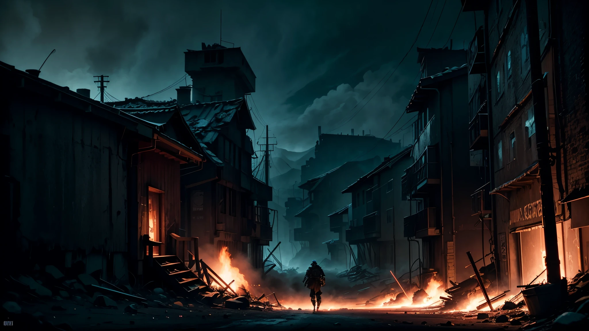 color epic cinematograph of a fearless attacking gritty, viking warrior in a dark neon cyberpunk village. Photorealistic, dramatic shot --ar 16:9 --c 80 --s 1000