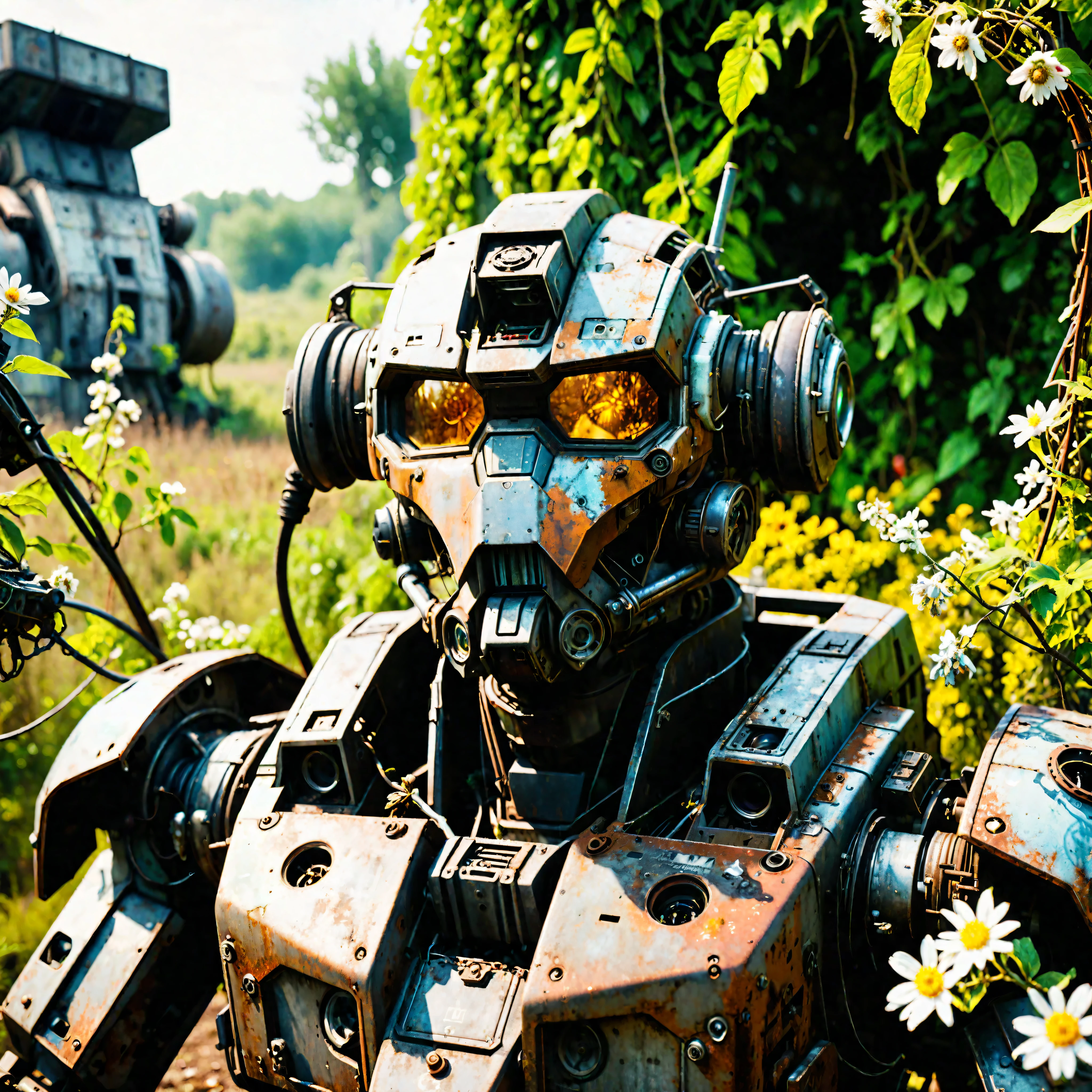 ((Masterpiece in maximum 16K resolution):1.6),((soft_color_photograpy:)1.5), ((Ultra-Detailed):1.4),((Movie-like still images and dynamic angles):1.3). | (Cinematic photo of an abandoned mech cockpit), (cinematic lens), (overgrown vines), (broken machines), (rusted steel), (edelweiss flowers), (dust), (oil stain), (electrical wire hanging), (shimmer), (visual experience), (Realism), (Realistic), award-winning graphics, dark shot, film grain, extremely detailed, Digital Art, rtx, Unreal Engine, scene concept anti glare effect, All captured with sharp focus.