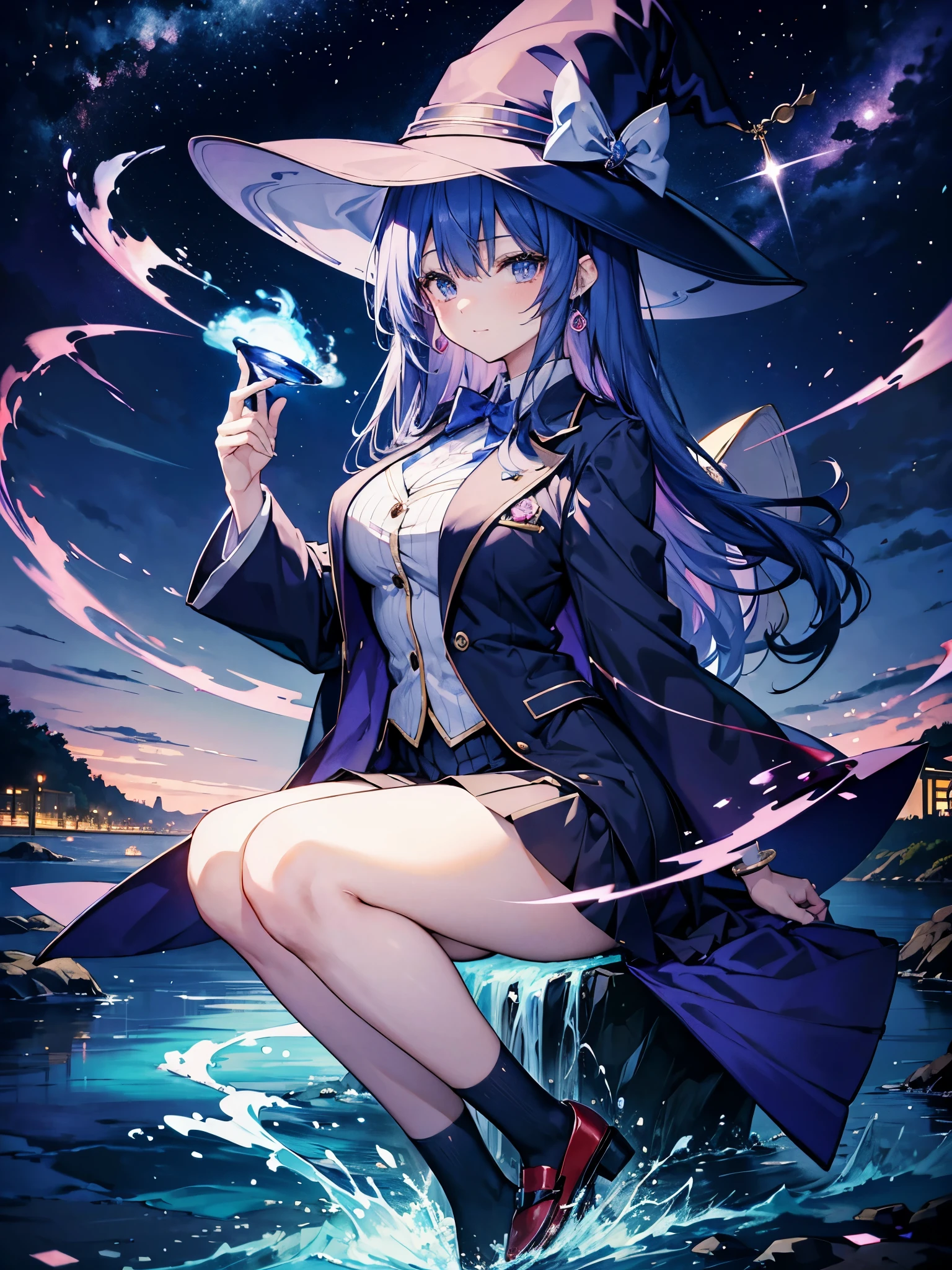 magician girl、She wears a large witch&#39;s hat with sapphire accessories、I am wearing a Japanese high school blazer uniform.、Japan anime-style illustration、Drawn by a Japanese illustrator、Bank of the river in Tokyo late at night