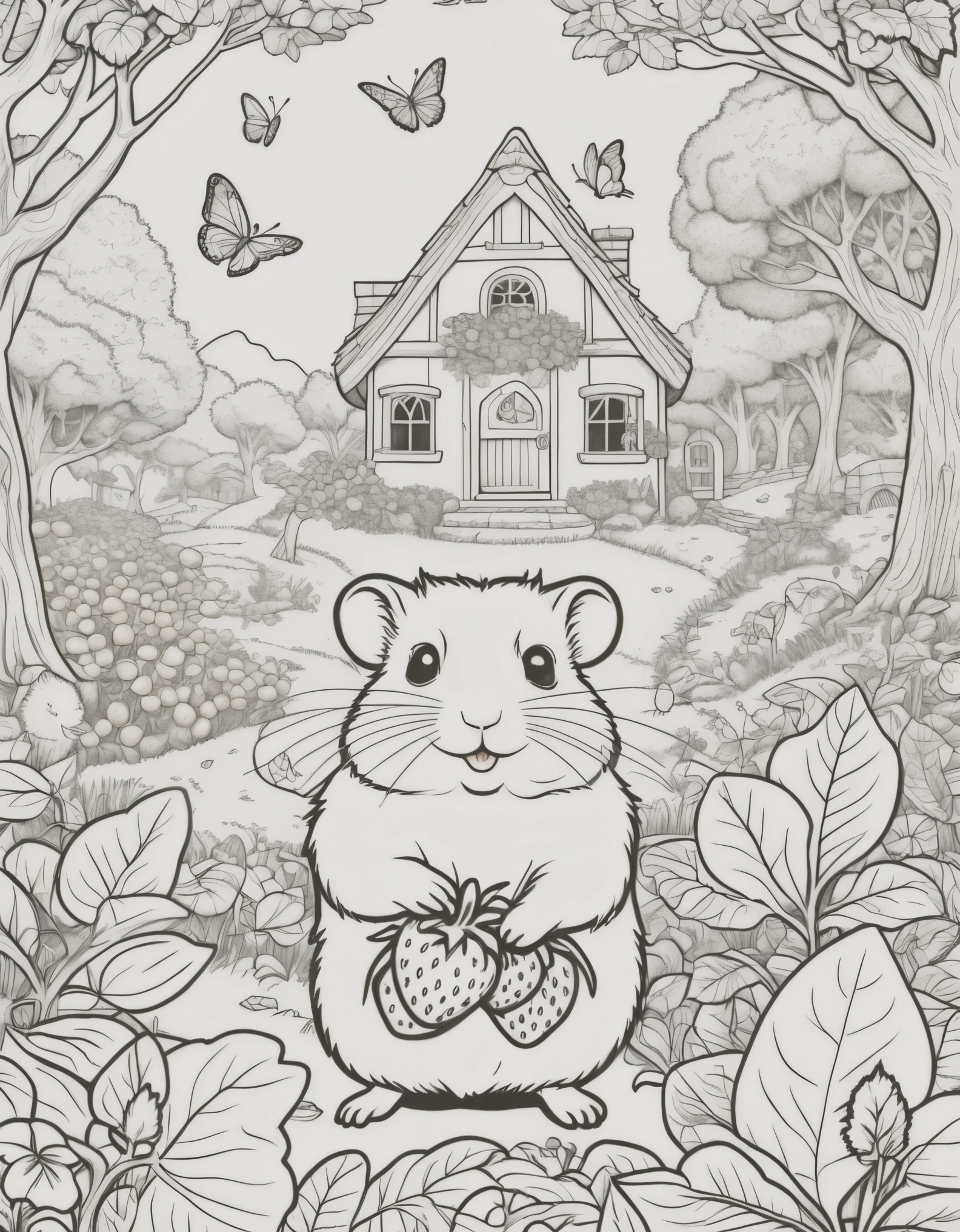 Highly detailed, hyper-detailed 8K drawing of a hamster holding a large strawberry-no-color, hobbit-style house in a clearing under an oak tree. Butterflies and birds flutter around him
line drawing, black outlines, Pixar style for a coloring book
Detailed background of forested mountainous areas.
ColoringBookAF, coloring books on blank white background, Redmond coloring book.