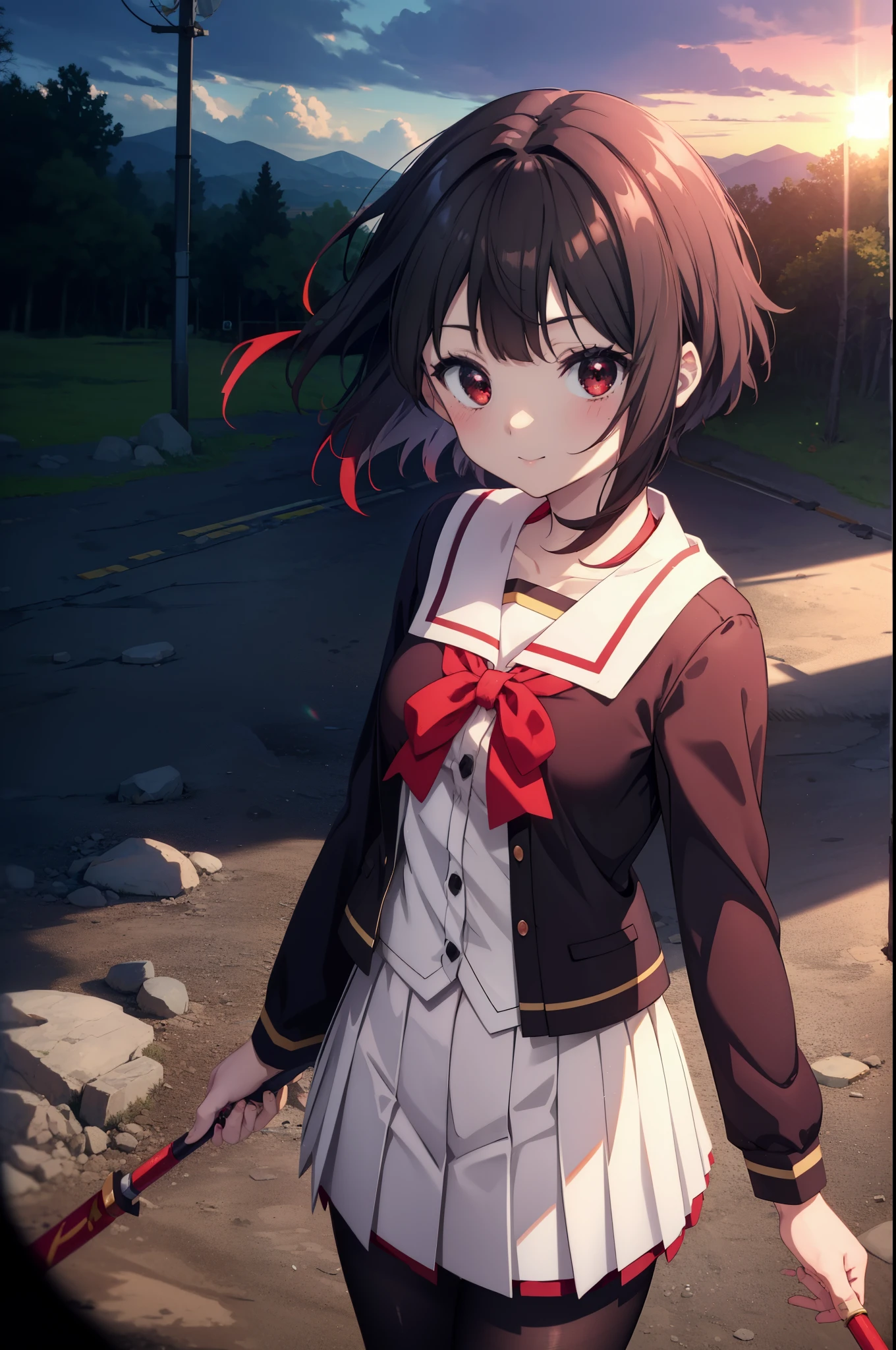 konosubaMegumin, Megumin, short hair, black hair, (red eyes:1.3), short hair with long locks,white sailor,red cardigan,black pleated skirt,gray pantyhose,brown loafers,smile,blush,He has a long magic wand in his hand.,
break outdoor, forest, nature, wood, village, null, sun, cloud,
break looking at viewer, (cowboy shot:1.5),
break (masterpiece:1.2), highest quality, High resolution, unity 8k wallpaper, (shape:0.8), (fine and beautiful eyes:1.6), highly detailed face, perfect lighting, Very detailed CG, (perfect hands, perfect anatomy),