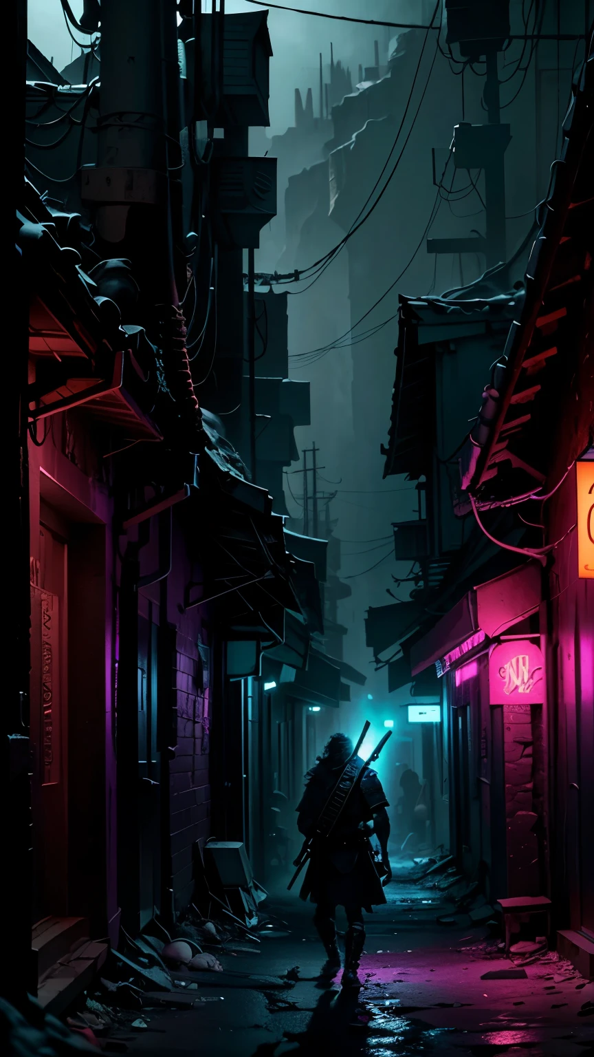 color epic cinematograph of a fearless attacking gritty, viking warrior in a dark neon cyberpunk village. Photorealistic, dramatic shot --ar 16:9 --c 80 --s 1000