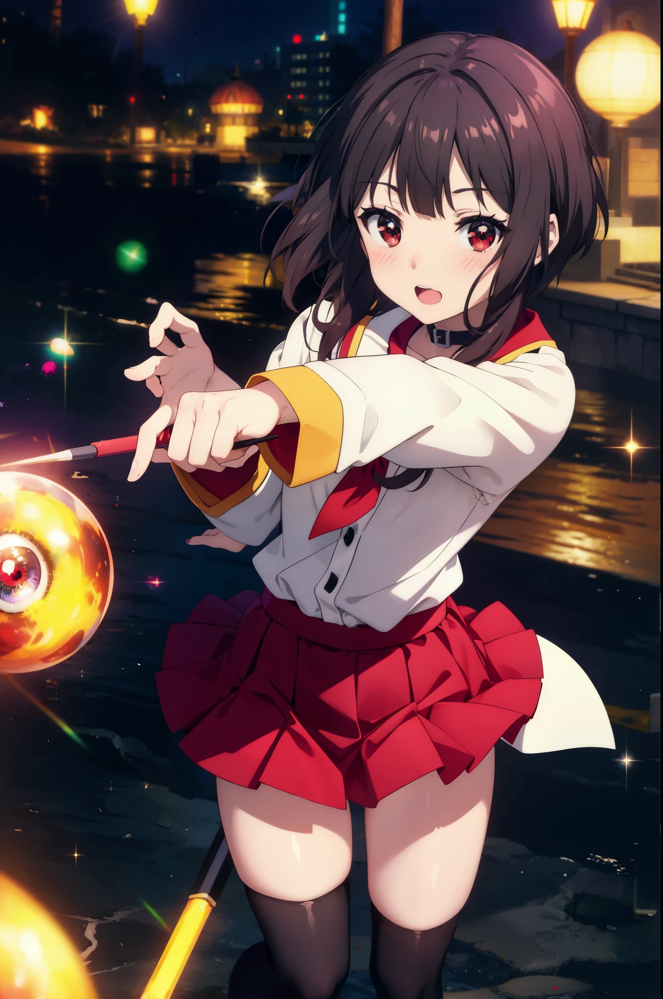 konosubaMegumin, Megumin, short hair, black hair, (red eyes:1.3), short hair with long locks,white sailor,red cardigan,black pleated skirt,gray pantyhose,brown loafers,smile,blush,He has a long magic wand in his hand.,
break outdoor, 魔法学校
break looking at viewer, 
break (masterpiece:1.2), highest quality, High resolution, unity 8k wallpaper, (shape:0.8), (fine and beautiful eyes:1.6), highly detailed face, perfect lighting, Very detailed CG, (perfect hands, perfect anatomy),