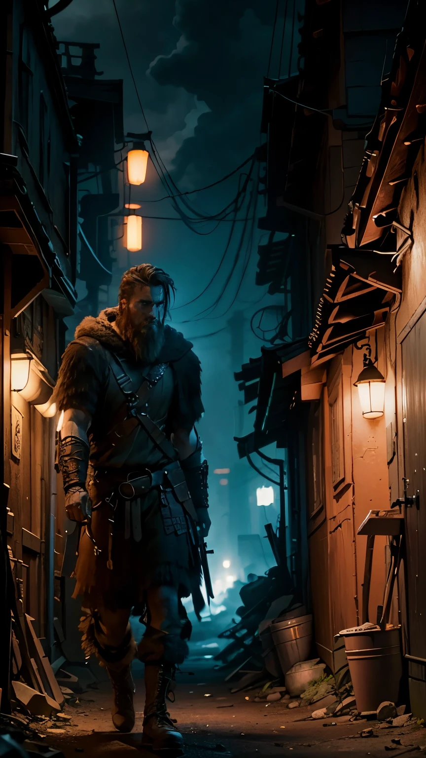 color epic cinematograph of a fearless attacking gritty, viking warrior in a dark neon cyberpunk village. Photorealistic, dramatic shot, 3 point lighting --ar 16:9 --c 80 --s 1000