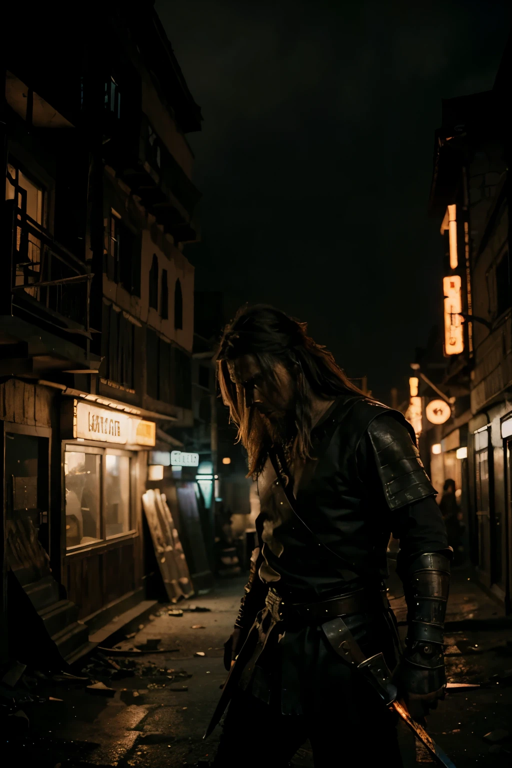 color epic cinematograph of a fearless attacking gritty, viking warrior in a dark neon cyberpunk village. Photorealistic, dramatic shot --ar 16:9 --c 80 --s 1000