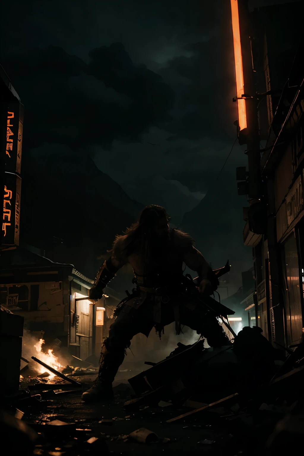 color epic cinematograph  of a fearless attacking gritty, viking warrior in a dark neon cyberpunk village. Photorealistic, dramatic shot --ar 16:9 --c 80 --s 1000