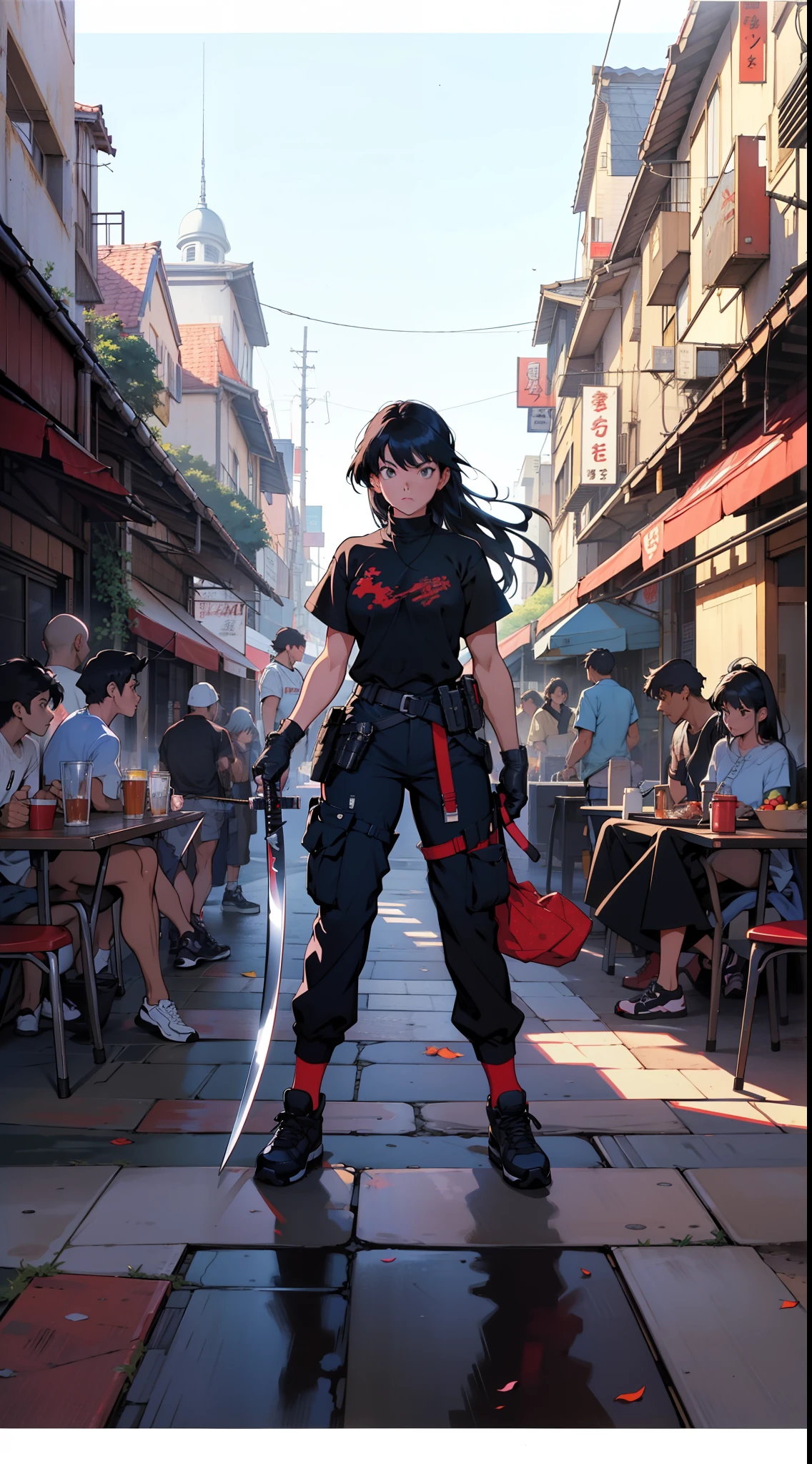 girl wearing black assassin shirt, black cargo pants and black shoes, holding a katana, street scene with tables and people walking, masterpiece, cinematic angle, dynamic framing, 1990's vintage looking cel-shaded anime, by rumiko takahashi