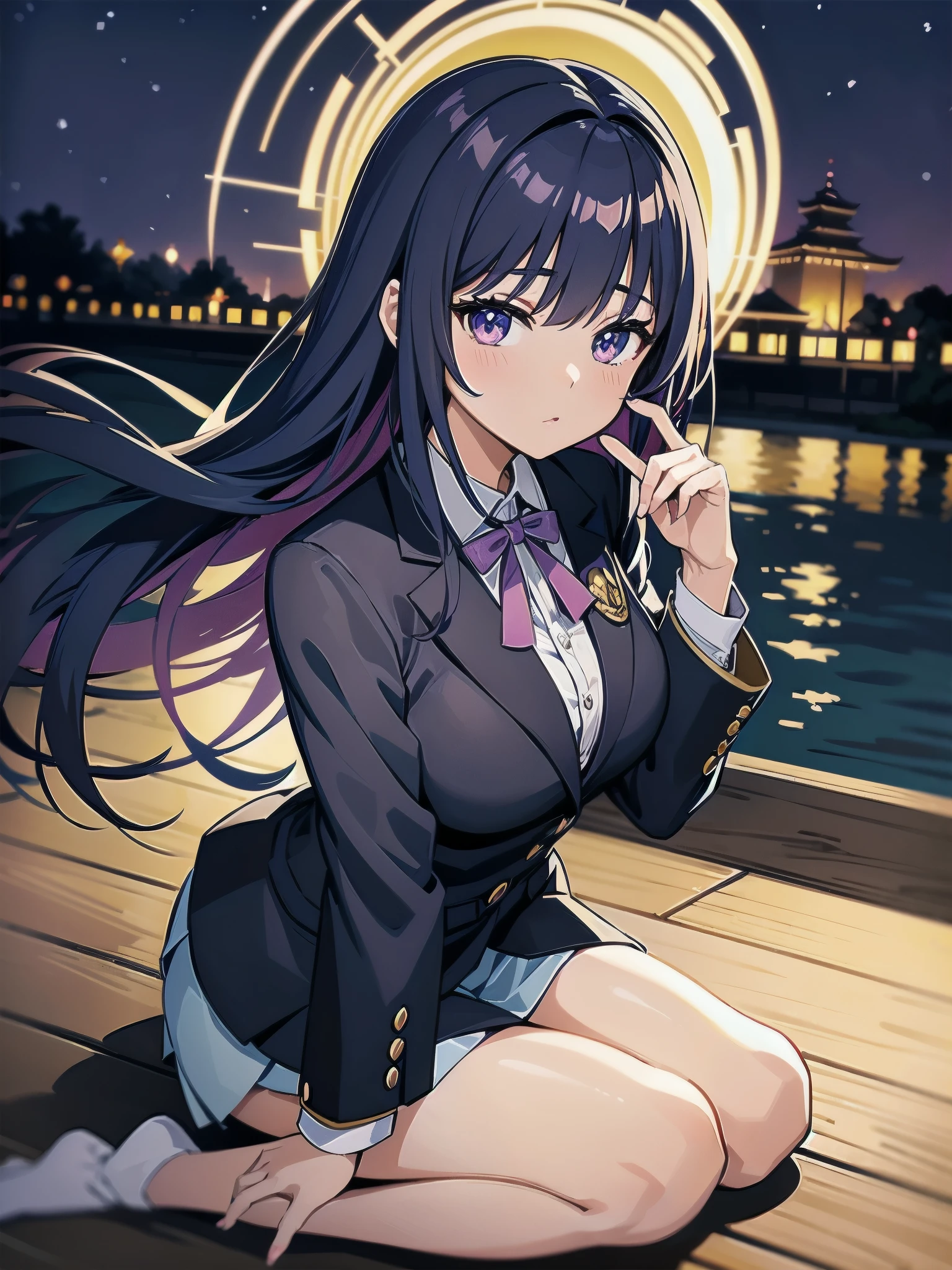 magician girl、She wears a large witch's hat with sapphire accessories、I am wearing a Japanese high school blazer uniform.、Japan anime-style illustration、Drawn by a Japanese illustrator、Bank of the river in Tokyo late at night