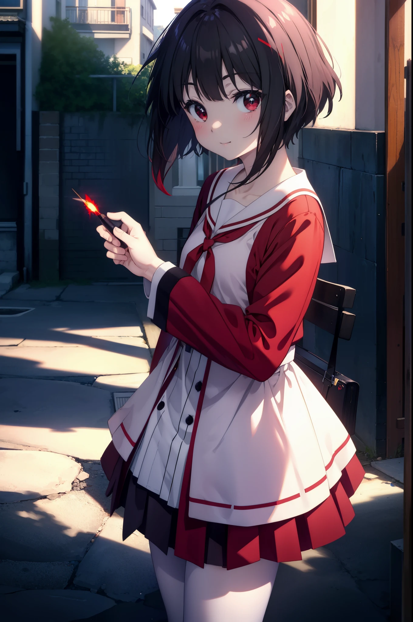 konosubaMegumin, Megumin, short hair, black hair, (red eyes:1.3), short hair with long locks,white sailor,red cardigan,black pleated skirt,gray pantyhose,brown loafers,smile,blush,He has a long magic wand in his hand.,morning、morning日,
break outdoor, 魔法学校
break looking at viewer,
break (masterpiece:1.2), highest quality, High resolution, unity 8k wallpaper, (shape:0.8), (fine and beautiful eyes:1.6), highly detailed face, perfect lighting, Very detailed CG, (perfect hands, perfect anatomy),