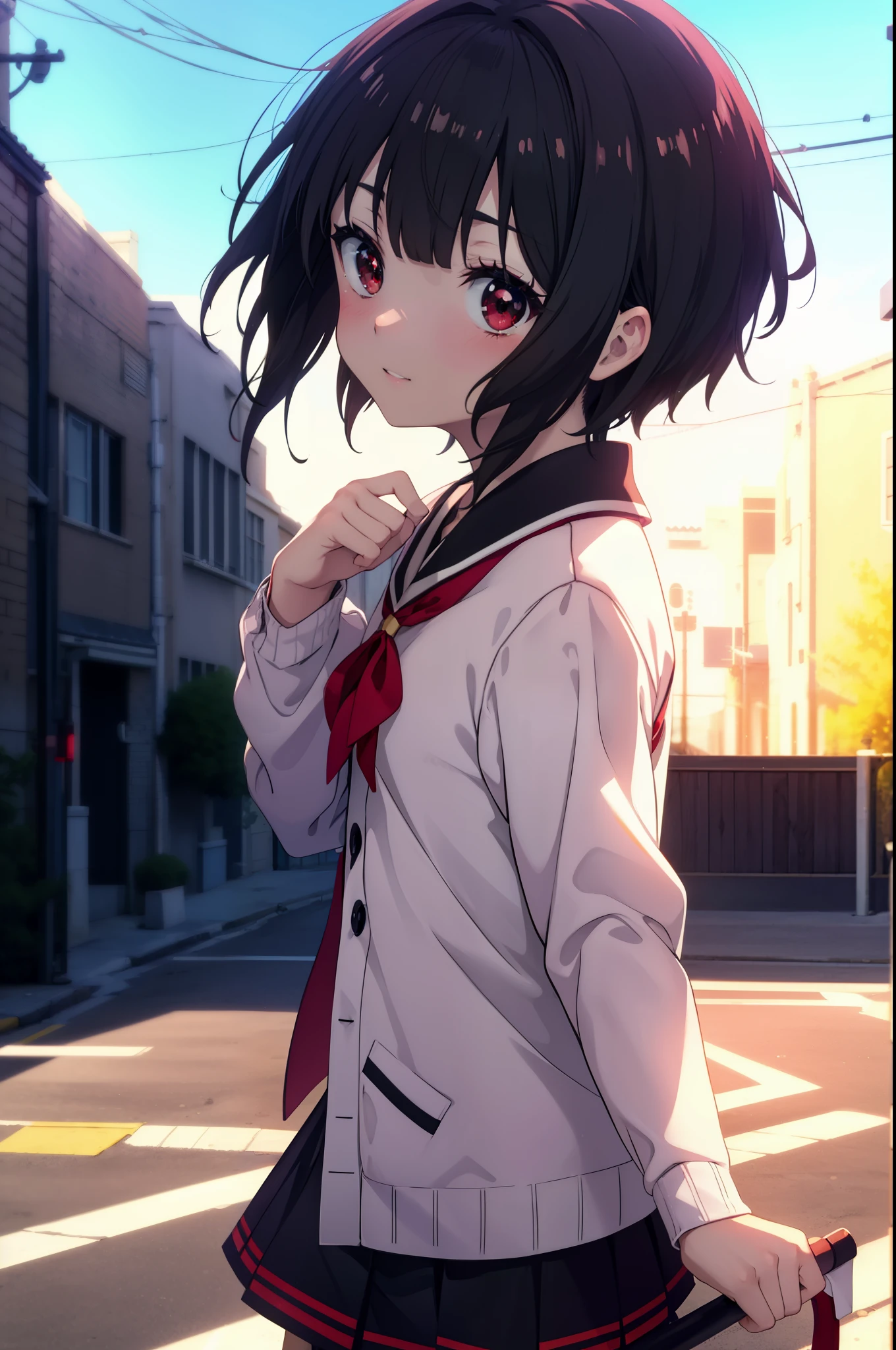 konosubaMegumin, Megumin, short hair, black hair, (red eyes:1.3), short hair with long locks,white sailor,red cardigan,black pleated skirt,gray pantyhose,brown loafers,smile,blush,He has a long magic wand in his hand.,morning、morning日,
break outdoor, 魔法学校
break looking at viewer, 
break (masterpiece:1.2), highest quality, High resolution, unity 8k wallpaper, (shape:0.8), (fine and beautiful eyes:1.6), highly detailed face, perfect lighting, Very detailed CG, (perfect hands, perfect anatomy),