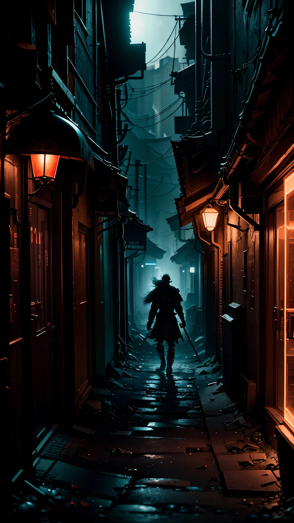 color epic cinematograph of a fearless attacking gritty, viking warrior in a dark neon cyberpunk village. Photorealistic, dramatic shot --ar 16:9 --c 80 --s 1000