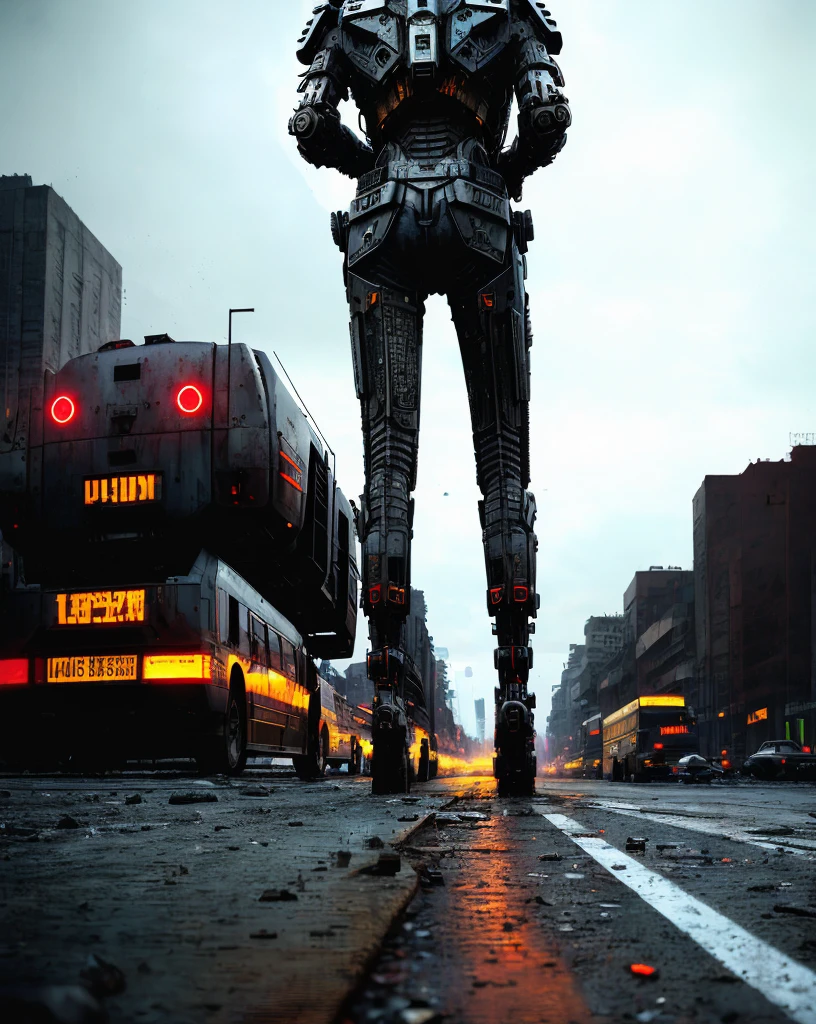 An abandoned Mech in a dystopian city, (best quality,highres) capturing every intricate detail, (HDR,UHD) with realistic textures and (studio lighting) that brings out its weathered appearance. The Mech stands tall, covered in rusted metal plates and worn-out wires, (gritty,textured) with (intense,red) LED lights flickering intermittently. The cityscape in the background is (bleak,desolate), with dilapidated buildings and overgrown vegetation. (Urban decay) surrounds the Mech, emphasizing its deserted presence. The Mech's exoskeleton exudes a sense of (strength,power), while signs of battle scars and broken joints reveal its dormant state. In the foreground, (dust particles) float in the air, adding a sense of realism to the scene. The overall color palette is (desaturated,washed-out), evoking a post-apocalyptic atmosphere. The lighting casts (harsh,angular shadows), enhancing the dramatic effect. And as the sun sets on the abandoned city, (orange,purple) hues emerge, creating a hauntingly beautiful backdrop for the desolate Mech.
