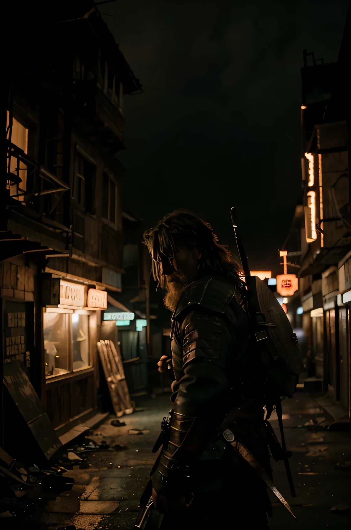 color epic cinematograph of a fearless attacking gritty, viking warrior in a dark neon cyberpunk village. Photorealistic, dramatic shot --ar 16:9 --c 80 --s 1000