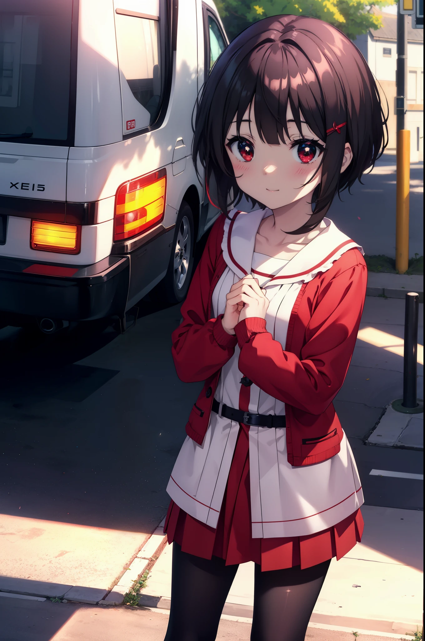 konosubaMegumin, Megumin, short hair, black hair, (red eyes:1.3), short hair with long locks,white sailor,red cardigan,black pleated skirt,gray pantyhose,brown loafers,smile,blush,He has a long magic wand in his hand.,morning、morning日,
break outdoor, 魔法学校
break looking at viewer,
break (masterpiece:1.2), highest quality, High resolution, unity 8k wallpaper, (shape:0.8), (fine and beautiful eyes:1.6), highly detailed face, perfect lighting, Very detailed CG, (perfect hands, perfect anatomy),