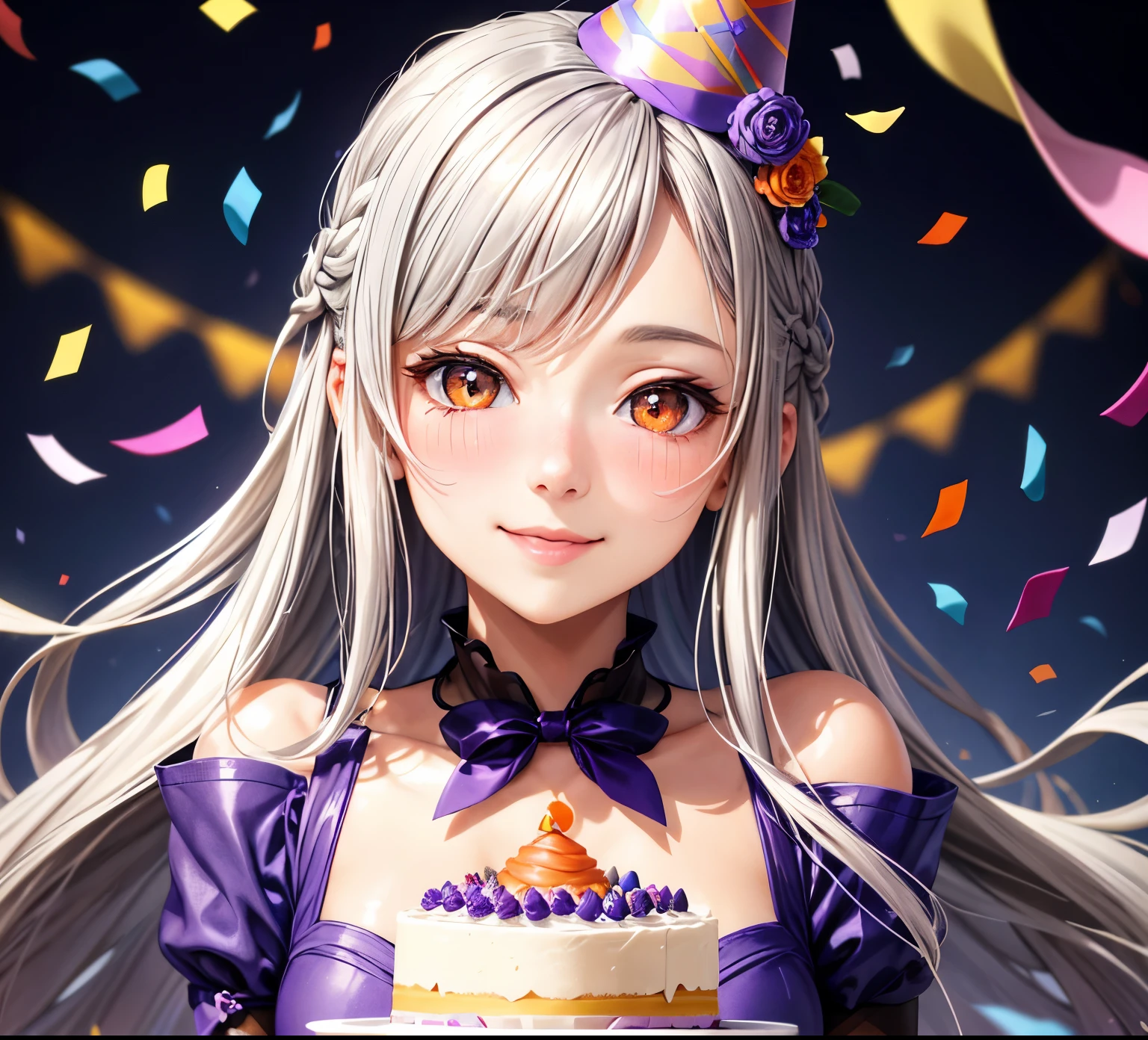 masterpiece, best quality, 1 girl, gray hair, (orange eyes:1.1), purple and blue dress, blue background, purple confetti, smile, birthday cake, party hat, realistic, cute, blush, (detailed face)