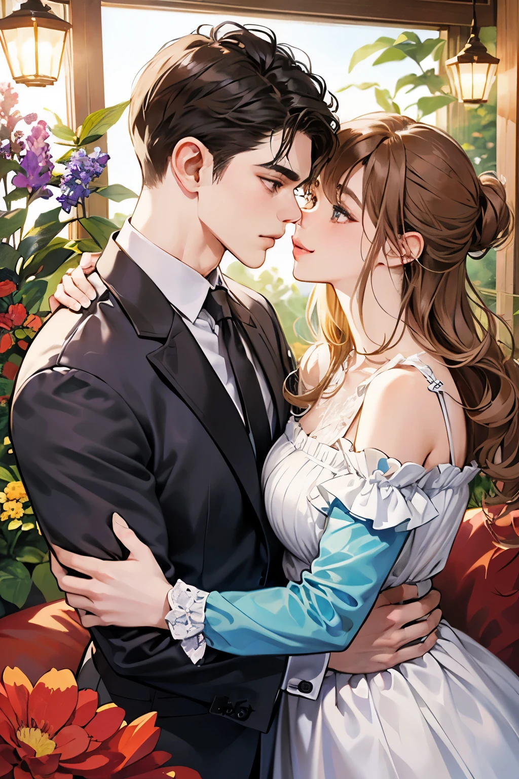 (table top, digital illustration, 4k, 8k, Super detailed, beautiful images, clear image, perfect face, perfect lines, perfect eyes, soft lighting) 1 female, (light brown hair,chignon hair,innocent look,droopy eyebrows,droopy eyes、With a round face,round chin、innocence,cute,Big eyes,natural makeup,smile gently,E cup,23 years old:1.3),Two handsome men in suits, (human,man in suit,muscular,solid shoulder width, boyish hairstyle,A man in his 30s with a cool expression,28 year old man with a bright smile:1.2),garden full of light、lots of flowers、Squirting、colorful flower light,(embarrassing,shy smile:1.2),resort sofa,kiss、カップルkiss、romance porn、couple of man and woman hugging each other、Waitress、Byte in Byte、Maid clothes、Hitting the hips