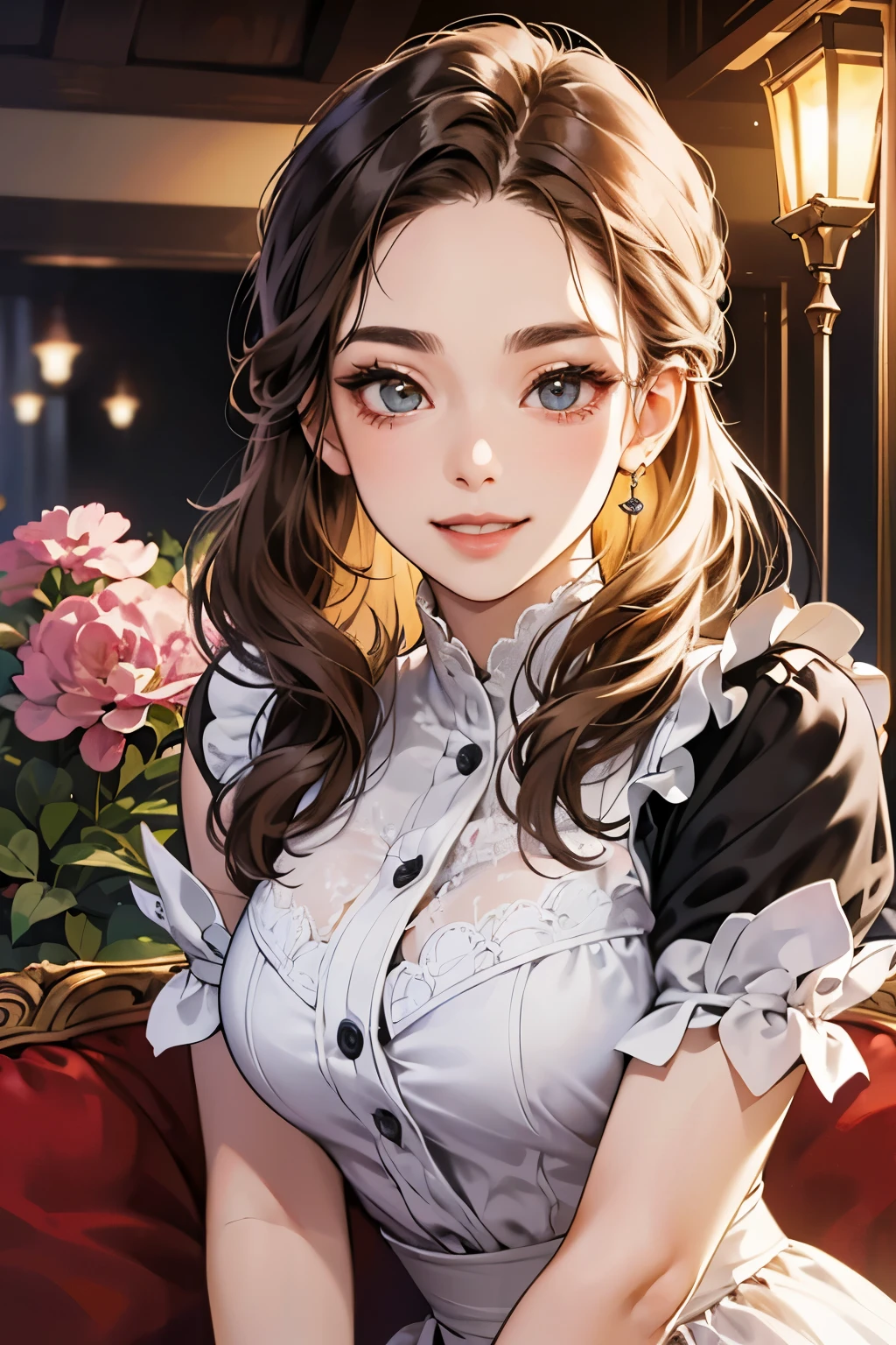 (table top, digital illustration, 4k, 8k, Super detailed, beautiful images, clear image,  perfect face, perfect lines, perfect eyes, soft lighting) 1 female, (light brown hair,chignon hair,innocent look,droopy eyebrows,droopy eyes、With a round face,round chin、innocence,cute,Big eyes,natural makeup,smile gently,E cup,23 years old:1.3),Two handsome men in suits, (human,man in suit,muscular,solid shoulder width,  boyish hairstyle,A man in his 30s with a cool expression,28 year old man with a bright smile:1.2),garden full of light、lots of flowers、Squirting、colorful flower light,(embarrassing,shy smile:1.2),resort sofa,kiss、カップルkiss、romance porn、couple of man and woman hugging each other、Waitress、Byte in Byte、Maid clothes、Hitting the hips