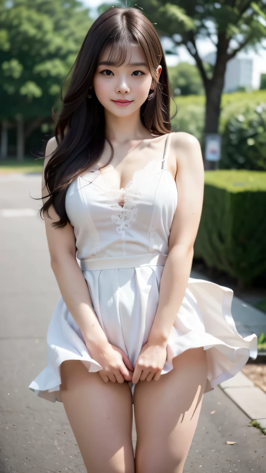 (highest quality, 8k, 32K, masterpiece, Hmm:1.2),beautiful japanese women pictures,(sad smile,blush:1.1),looking at the viewer,(beautiful detailed dress skirt:1.2),leg details,(spread your legs:0.9),(lace panties:0.9),(wind lift:1.6), whole body,{It&#39;s windy,city,outdoors｝