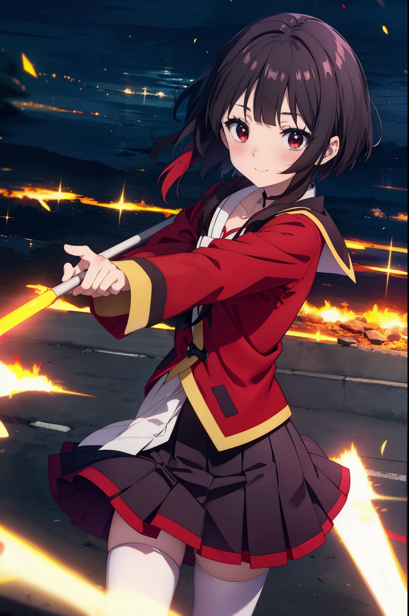 konosubaMegumin, Megumin, short hair, black hair, (red eyes:1.3), short hair with long locks,white sailor,red cardigan,black pleated skirt,gray pantyhose,brown loafers,smile,blush,He has a long magic wand in his hand.,morning、morning日,
break outdoor, 魔法学校
break looking at viewer, 
break (masterpiece:1.2), highest quality, High resolution, unity 8k wallpaper, (shape:0.8), (fine and beautiful eyes:1.6), highly detailed face, perfect lighting, Very detailed CG, (perfect hands, perfect anatomy),