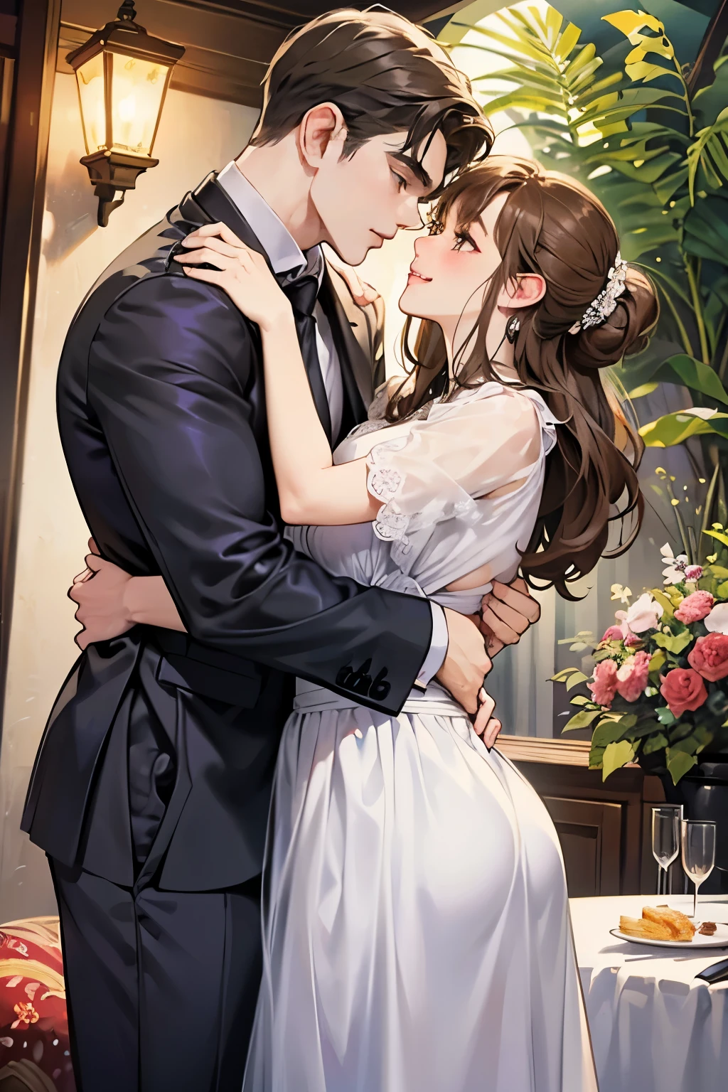 (table top, digital illustration, 4k, 8k, Super detailed, beautiful images, clear image, perfect face, perfect lines, perfect eyes, soft lighting) 1 female, (light brown hair,chignon hair,innocent look,droopy eyebrows,droopy eyes、With a round face,round chin、innocence,cute,Big eyes,natural makeup,smile gently,E cup,23 years old:1.3),Two handsome men in suits, (human,man in suit,muscular,solid shoulder width, boyish hairstyle,A man in his 30s with a cool expression,28 year old man with a bright smile:1.2),garden full of light、lots of flowers、Squirting、colorful flower light,(embarrassing,shy smile:1.2),resort sofa,kiss、カップルkiss、romance porn、couple of man and woman hugging each other、Waitress、Byte in Byte、Maid clothes、Hitting the hips