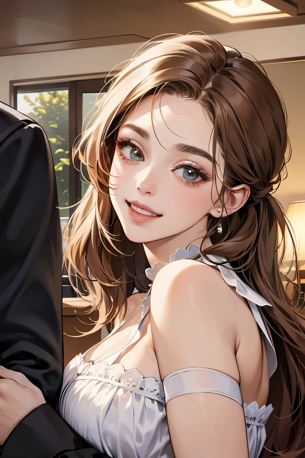 (table top, digital illustration, 4k, 8k, Super detailed, beautiful images, clear image, perfect face, perfect lines, perfect eyes, soft lighting) 1 female, (light brown hair,chignon hair,innocent look,droopy eyebrows,droopy eyes、With a round face,round chin、innocence,cute,Big eyes,natural makeup,smile gently,E cup,23 years old:1.3),Two handsome men in suits, (human,man in suit,muscular,solid shoulder width, boyish hairstyle,A man in his 30s with a cool expression,28 year old man with a bright smile:1.2),garden full of light、lots of flowers、Squirting、colorful flower light,(embarrassing,shy smile:1.2),resort sofa,kiss、カップルkiss、romance porn、couple of man and woman hugging each other、Waitress、Byte in Byte、Maid clothes、Hitting the hips