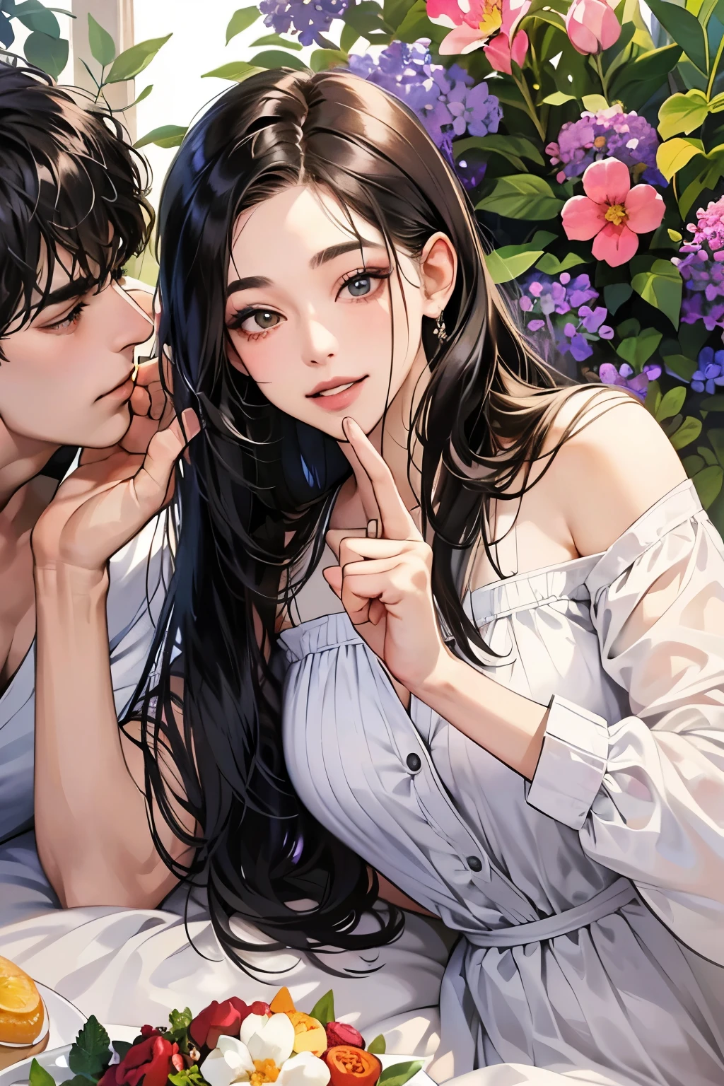 (table top, digital art, digital illustration, 4k, 8k, Super detailed, beautiful images, clear image, realistic, RAW photo, perfect face, perfect lines, perfect eyes, soft lighting) ,1 female, (long black hair,straight hair,bullish look,Beautiful woman,grace,Make up well,23 years old,:1.3),Two handsome men in suits, (human,muscular,solid shoulder width, human,boyish hairstyle,English gentleman'Style,A man in his 30s with a cool expression,28 year old man with a bright smile:1.2),Show your white teeth and smile(embarrassing,shy smile:1.1),garden full of light、Squirting、resort sofa、colorful flowers、innocent smile,smile、couple kissing、kiss、the kiss、romance、please lie down on the bed、fall asleep