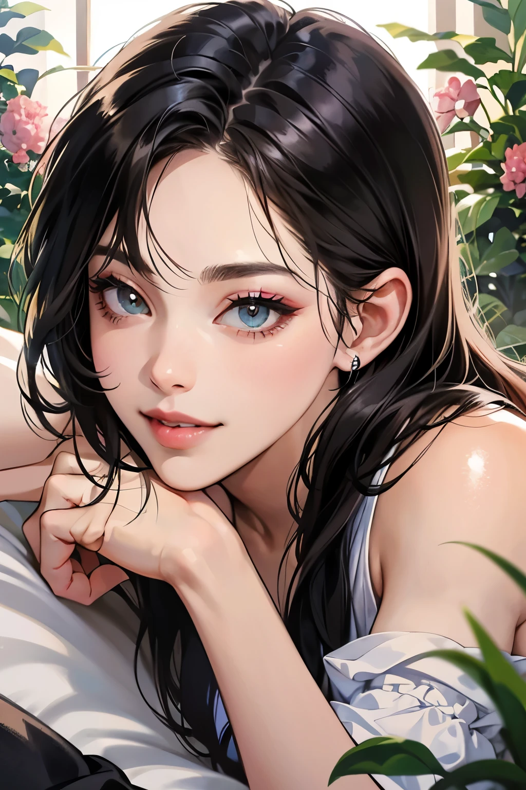 (table top, digital art, digital illustration, 4k, 8k, Super detailed, beautiful images, clear image, realistic, RAW photo, perfect face, perfect lines, perfect eyes, soft lighting) ,1 female, (long black hair,straight hair,bullish look,Beautiful woman,grace,Make up well,23 years old,:1.3),Two handsome men in suits, (human,muscular,solid shoulder width, human,boyish hairstyle,English gentleman&#39;Style,A man in his 30s with a cool expression,28 year old man with a bright smile:1.2),Show your white teeth and smile(embarrassing,shy smile:1.1),garden full of light、Squirting、resort sofa、colorful flowers、innocent smile,smile、couple kissing、kiss、the kiss、romance、please lie down on the bed、fall asleep