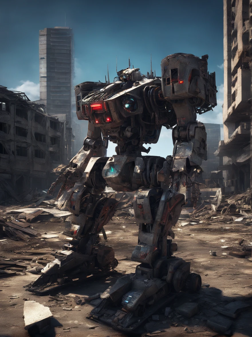 on the desolate wasteland，The afterglow of the setting sun dyes the fragmented skyline red。The once glorious city is now reduced to dust，Only ruins and overgrown wasteland remain。in this desolate landscape，(A lone broken and abandoned mecha lies next to a pile of rubble:1.5)。Its metal casing is badly damaged，wires exposed，As if going through a fierce battle。Broken gears scattered around、Twisted metal and broken glass。These bear witness to its past，An era of advanced technology and prosperity。However，Now all this has become，Only this broken body is left。With the breeze blowing，Weeds swaying around，As if mourning its fall。The afterglow of the setting sun shines on it，Giving its damaged shell a layer of tragic light。in this desolate scene，The wasteland world has become a symbol of an era，A once glorious civilization no longer exists。it lies there alone，let time pass，Become an unforgettable picture of a ruined world。