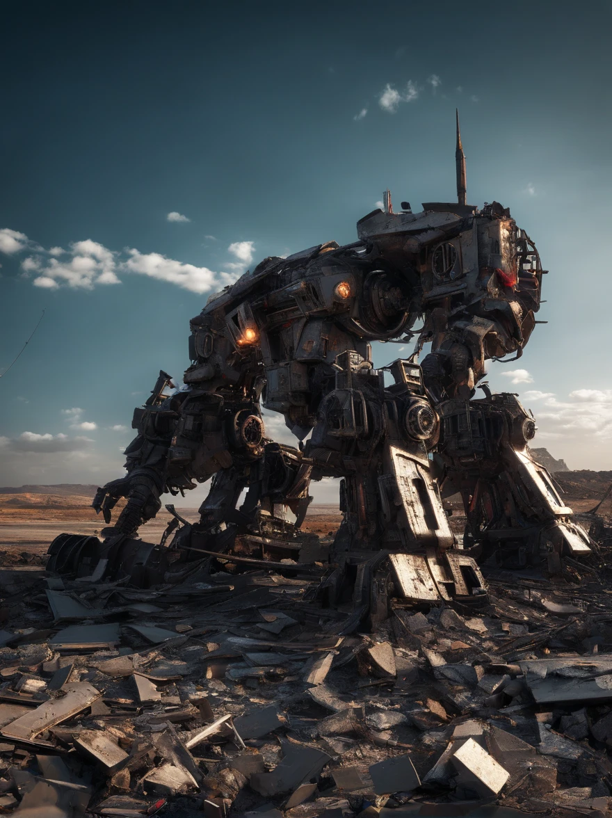 on the desolate wasteland，The afterglow of the setting sun dyes the fragmented skyline red。The once glorious city is now reduced to dust，Only ruins and overgrown wasteland remain。in this desolate landscape，(A lone broken and abandoned mecha lies next to a pile of rubble:1.5)。Its metal casing is badly damaged，wires exposed，As if going through a fierce battle。Broken gears scattered around、Twisted metal and broken glass。These bear witness to its past，An era of advanced technology and prosperity。However，Now all this has become，Only this broken body is left。With the breeze blowing，Weeds swaying around，As if mourning its fall。The afterglow of the setting sun shines on it，Giving its damaged shell a layer of tragic light。in this desolate scene，The wasteland world has become a symbol of an era，A once glorious civilization no longer exists。it lies there alone，let time pass，Become an unforgettable picture of a ruined world。