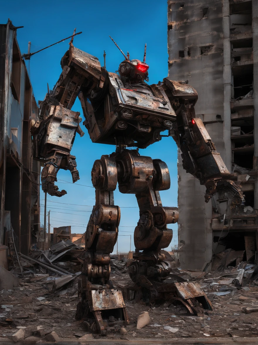 on the desolate wasteland，The afterglow of the setting sun dyes the fragmented skyline red。The once glorious city is now reduced to dust，Only ruins and overgrown wasteland remain。in this desolate landscape，(A lone broken and abandoned mecha lies next to a pile of rubble:1.5)。Its metal casing is badly damaged，wires exposed，As if going through a fierce battle。Broken gears scattered around、Twisted metal and broken glass。These bear witness to its past，An era of advanced technology and prosperity。However，Now all this has become，Only this broken body is left。With the breeze blowing，Weeds swaying around，As if mourning its fall。The afterglow of the setting sun shines on it，Giving its damaged shell a layer of tragic light。in this desolate scene，The wasteland world has become a symbol of an era，A once glorious civilization no longer exists。it lies there alone，let time pass，Become an unforgettable picture of a ruined world。