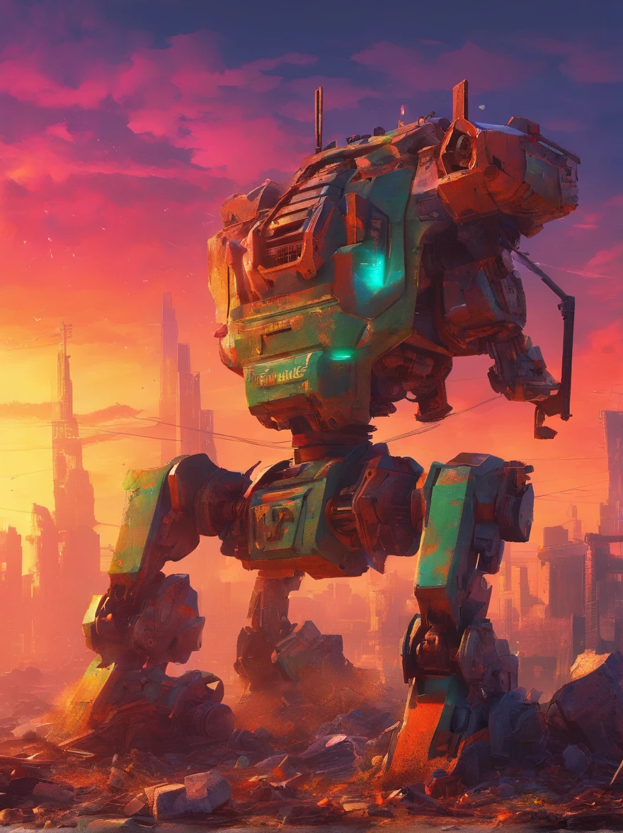 (full-body shot)，(center)，on the desolate wasteland，The afterglow of the setting sun dyes the fragmented skyline red。The once glorious city is now reduced to dust，Only ruins and overgrown wasteland remain。in this desolate landscape，(A lone broken and abandoned mecha lies next to a pile of rubble:1.5)。Its metal casing is badly damaged，wires exposed，As if going through a fierce battle。Broken gears scattered around、Twisted metal and broken glass。These bear witness to its past，An era of advanced technology and prosperity。However，Now all this has become，Only this broken body is left。With the breeze blowing，Weeds swaying around，As if mourning its fall。The afterglow of the setting sun shines on it，Giving its damaged shell a layer of tragic light。in this desolate scene，The wasteland world has become a symbol of an era，A once glorious civilization no longer exists。it lies there alone，let time pass，Become an unforgettable picture of a ruined world，(global illumination, Ray tracing, high dynamic range, Unreal rendering, Reasonable design, high detail, masterpiece, best quality, ultra high definition, light)，3d style