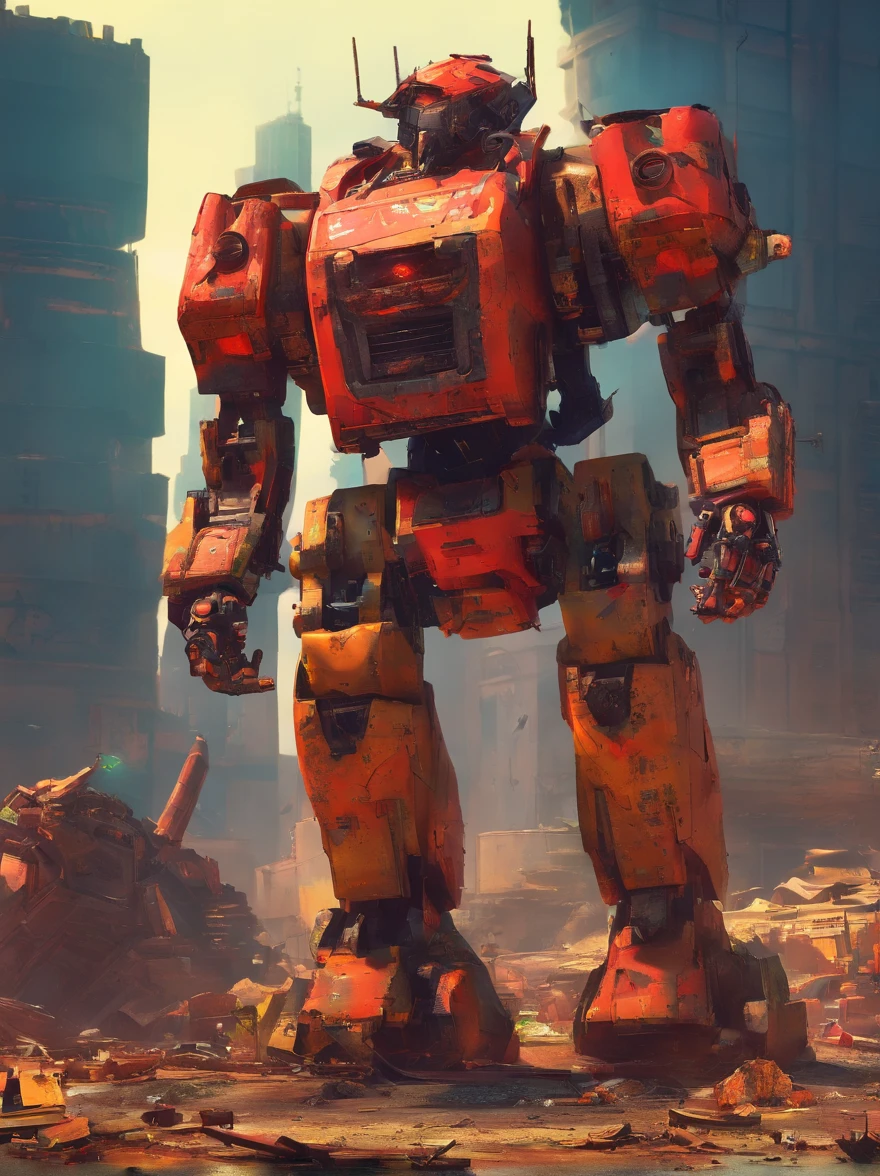 (full-body shot)，(center)，on the desolate wasteland，The afterglow of the setting sun dyes the fragmented skyline red。The once glorious city is now reduced to dust，Only ruins and overgrown wasteland remain。in this desolate landscape，(A lone broken and abandoned mecha lies next to a pile of rubble:1.5)。Its metal casing is badly damaged，wires exposed，As if going through a fierce battle。Broken gears scattered around、Twisted metal and broken glass。These bear witness to its past，An era of advanced technology and prosperity。However，Now all this has become，Only this broken body is left。With the breeze blowing，Weeds swaying around，As if mourning its fall。The afterglow of the setting sun shines on it，Giving its damaged shell a layer of tragic light。in this desolate scene，The wasteland world has become a symbol of an era，A once glorious civilization no longer exists。it lies there alone，let time pass，Become an unforgettable picture of a ruined world，(global illumination, Ray tracing, high dynamic range, Unreal rendering, Reasonable design, high detail, masterpiece, best quality, ultra high definition, light)，3d style