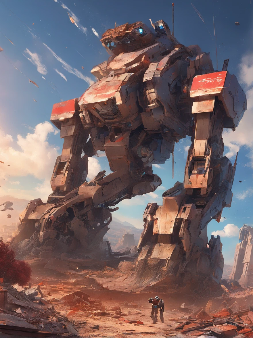 (full-body shot),(center),on the desolate wasteland,The afterglow of the setting sun dyes the fragmented skyline red。The once glorious city is now reduced to dust,Only ruins and overgrown wasteland remain。in this desolate landscape,(A lone broken and abandoned mecha lies next to a pile of rubble:1.5)。Its metal casing is badly damaged,wires exposed,As if going through a fierce battle。Broken gears scattered around、Twisted metal and broken glass。These bear witness to its past,An era of advanced technology and prosperity。However,Now all this has become,Only this broken body is left。With the breeze blowing,Weeds swaying around,As if mourning its fall。The afterglow of the setting sun shines on it,Giving its damaged shell a layer of tragic light。in this desolate scene,The wasteland world has become a symbol of an era,A once glorious civilization no longer exists。it lies there alone,let time pass,Become an unforgettable picture of a ruined world,(global illumination, Ray tracing, high dynamic range, Unreal rendering, Reasonable design, high detail, masterpiece, best quality, ultra high definition, light),3d style
