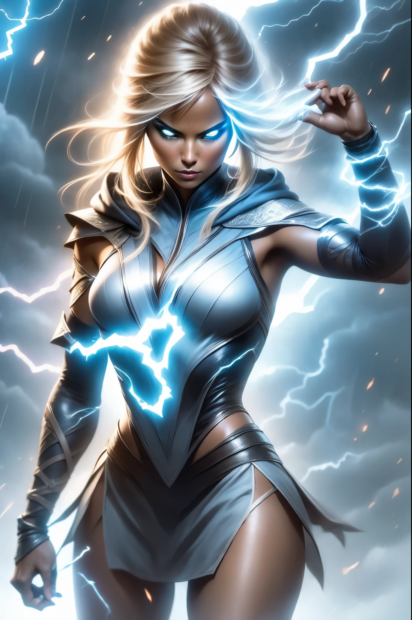 arafed woman in a short skirt and a hoodie posing for a picture, electric woman, she attracting lightnings, light effect. feminine, splashes of lightning behind her, electricity aura, expert light effects on figure, fashion neon light, glowing lens flare wraith girl, ultraviolet photography, amazing lighting effect, surreal lighting