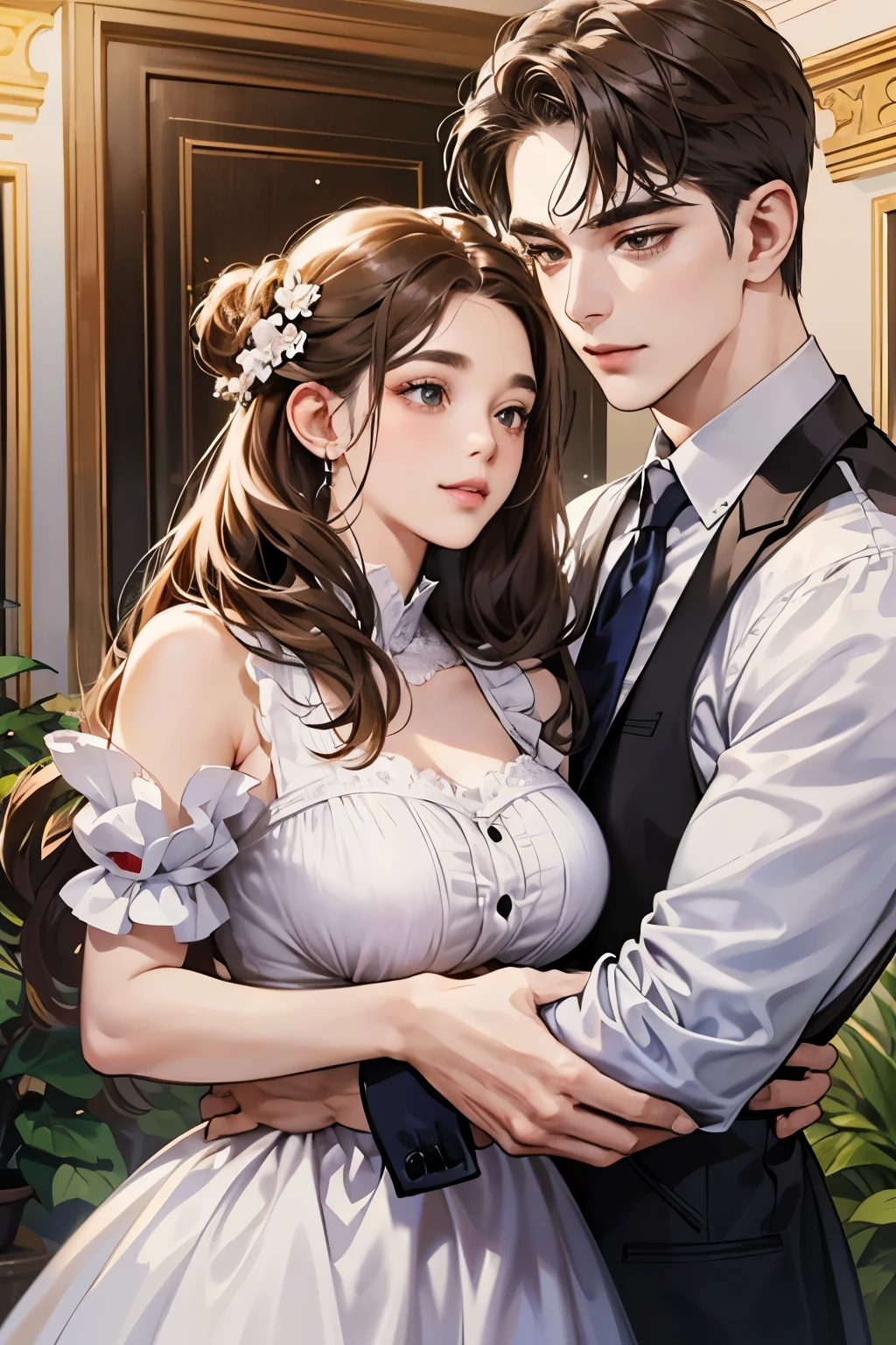 (table top, digital illustration, 4k, 8k, Super detailed, beautiful images, clear image,  perfect face, perfect lines, perfect eyes, soft lighting) 1 female, (light brown hair,chignon hair,innocent look,droopy eyebrows,droopy eyes、With a round face,round chin、innocence,cute,Big eyes,natural makeup,smile gently,E cup,23 years old:1.3),Two handsome men in suits, (human,man in suit,muscular,solid shoulder width,  boyish hairstyle,A man in his 30s with a cool expression,28 year old man with a bright smile:1.2),garden full of light、lots of flowers、Squirting、colorful flower light,(embarrassing,shy smile:1.2),resort sofa,kiss、カップルkiss、romance porn、couple of man and woman hugging each other、Waitress、Byte in Byte、Maid clothes、Hitting the hips