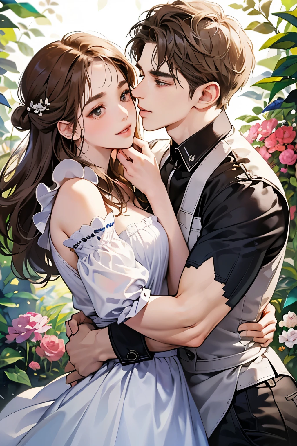 (table top, digital illustration, 4k, 8k, Super detailed, beautiful images, clear image,  perfect face, perfect lines, perfect eyes, soft lighting) 1 female, (light brown hair,chignon hair,innocent look,droopy eyebrows,droopy eyes、With a round face,round chin、innocence,cute,Big eyes,natural makeup,smile gently,E cup,23 years old:1.3),Two handsome men in suits, (human,man in suit,muscular,solid shoulder width,  boyish hairstyle,A man in his 30s with a cool expression,28 year old man with a bright smile:1.2),garden full of light、lots of flowers、Squirting、colorful flower light,(embarrassing,shy smile:1.2),resort sofa,kiss、カップルkiss、romance porn、couple of man and woman hugging each other、Waitress、Byte in Byte、Maid clothes、Hitting the hips