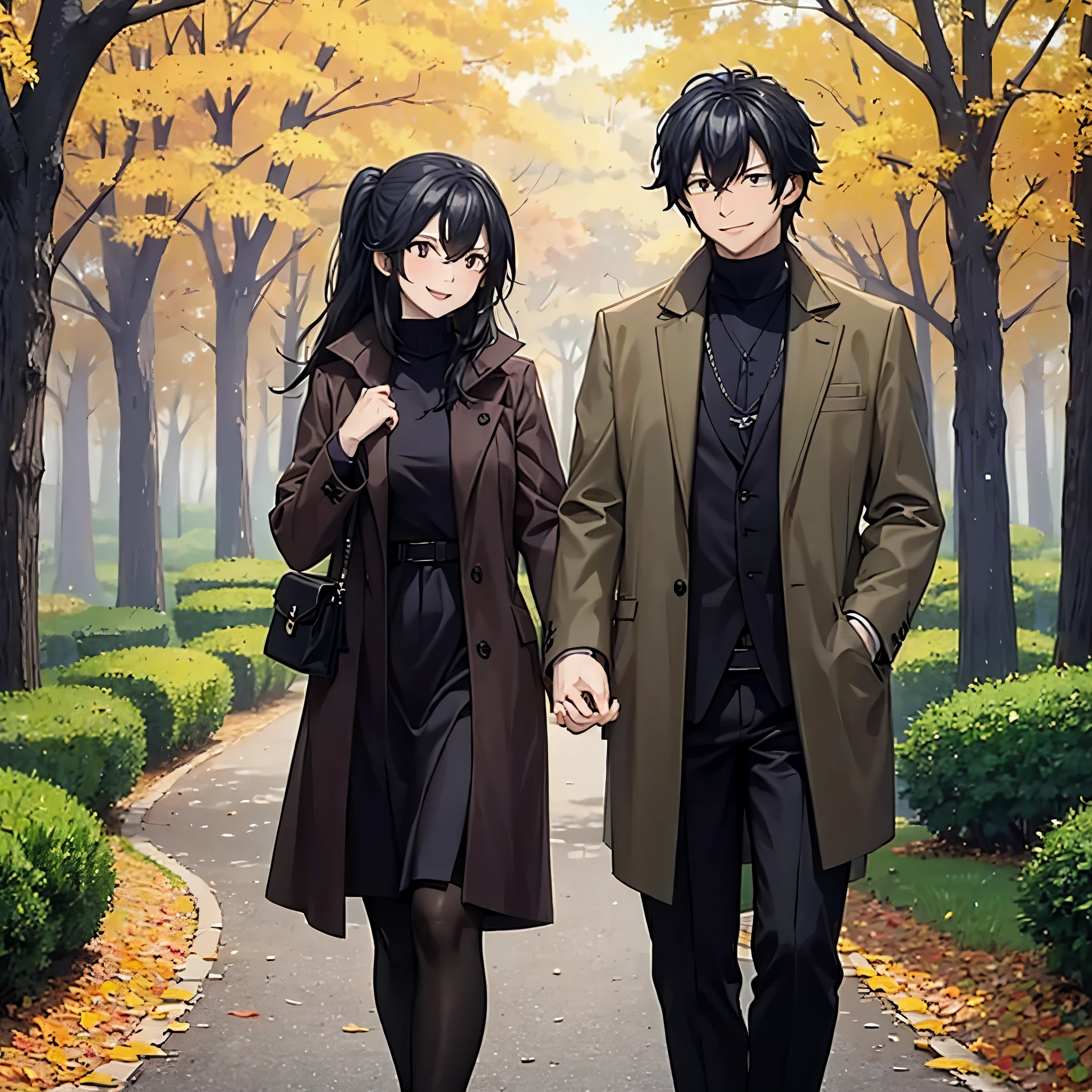 a man holding his wife's hand, in a park set in autumn, smiling
