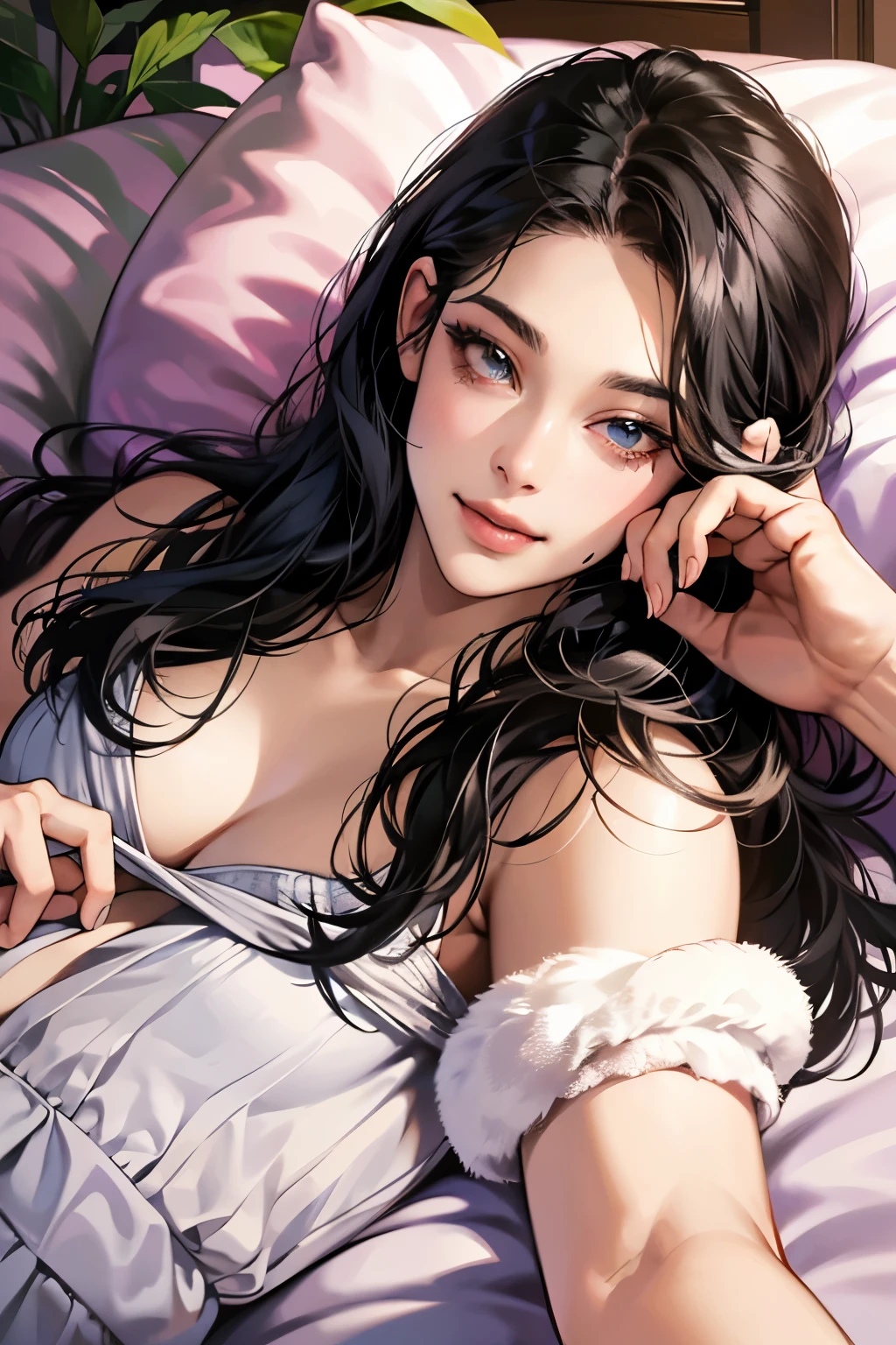 (table top, digital art, digital illustration, 4k, 8k, Super detailed, beautiful images, clear image, realistic, RAW photo, perfect face, perfect lines, perfect eyes, soft lighting) ,1 female, (long black hair,straight hair,bullish look,Beautiful woman,grace,Make up well,23 years old,:1.3),Two handsome men in suits, (human,muscular,solid shoulder width, human,boyish hairstyle,English gentleman&#39;Style,A man in his 30s with a cool expression,28 year old man with a bright smile:1.2),Show your white teeth and smile(embarrassing,shy smile:1.1),garden full of light、Squirting、resort sofa、colorful flowers、innocent smile,smile、couple kissing、kiss、the kiss、romance、please lie down on the bed、fall asleep