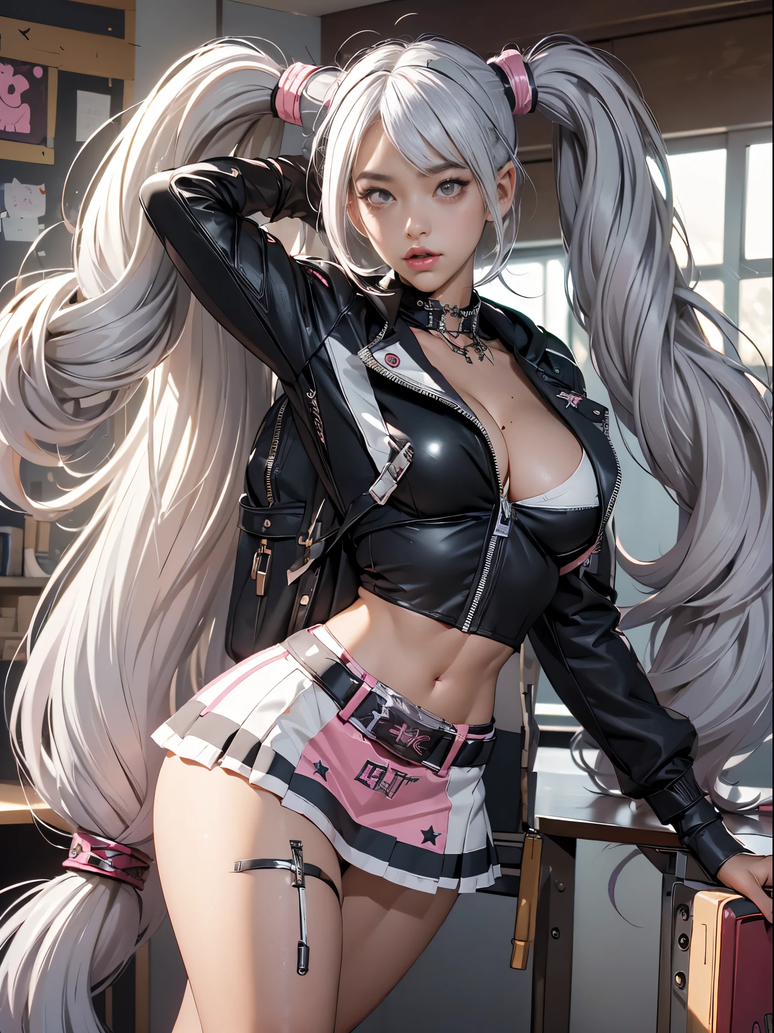(((of the highest quality: 1.4))),(unparalleled masterpiece ever), (Ultra high definition),(Ultra-realistic 8K CG), offcial art、 (((adult body, accentuated super huge enormously gigantic tits, cleavage showing))), (((1girl in))), ((( very long hair in pigtails ))), Punk girl with a perfect body, school girl uniform school girl skirt and backpack with lots of straps buckles and zippers,Beautiful and well-groomed face,Fancy makeup,Detailed punk fashion,school girl uniform and school girl skirt, (Image from head to thigh),((Platinum white hair )), Harajuku-inspired hooded jacket, Simon Bisley's urban savage style,Detailed street background of school classroom,Clean abs, Complex graphics, dark pink with white stars and gray and white stripeany poisonous tattoos )), piercings,