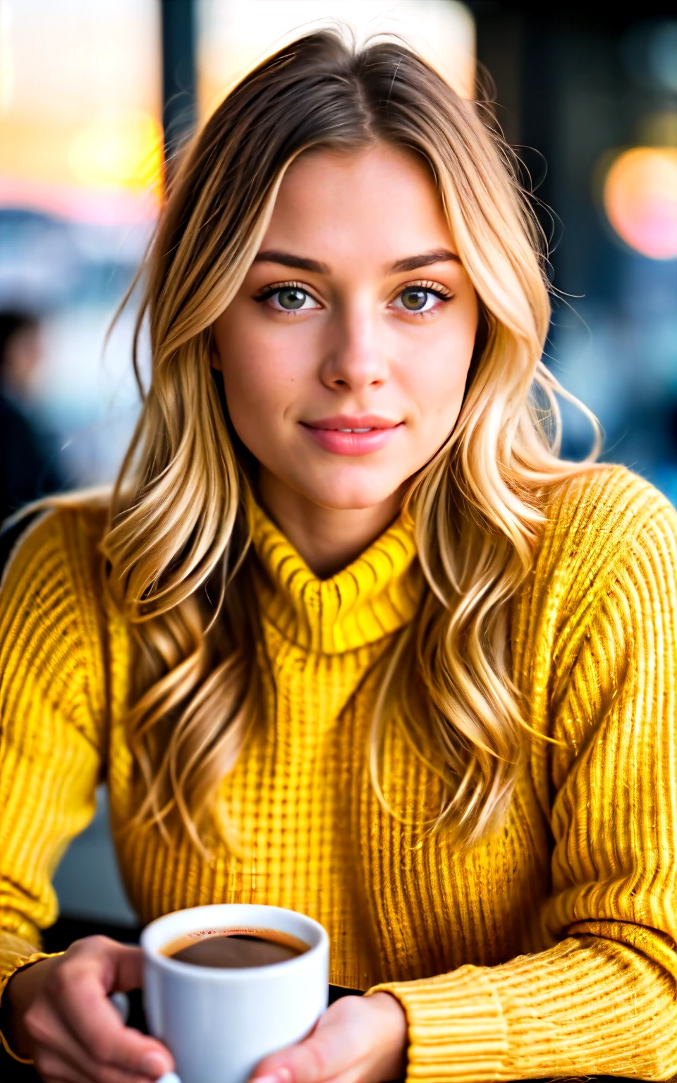 Cute beautiful blonde girl in a yellow sweater (Drinking coffee in a modern cafe at sunset), very detailed, 21 years old, innocent face, natural wavy hair, Blue eyes, in high definition, Masterpiece, Best quality,complex parts, very detailed,sharp focus, detailed skin,Realistic skin texture,texture, detailed eyes, professional, 4k, Charming smile, shot on Canon, 85 mm,shallow depth of field,Kodak Vision цветной, perfectly toned body, extremely detailed, Photo_\(ultra\), PhotoRealistic, Realistic, Post-processing, Maximum detail, Roughness, real life, ultra Realistic, Photorealism, Photography, 8k contract, Photography