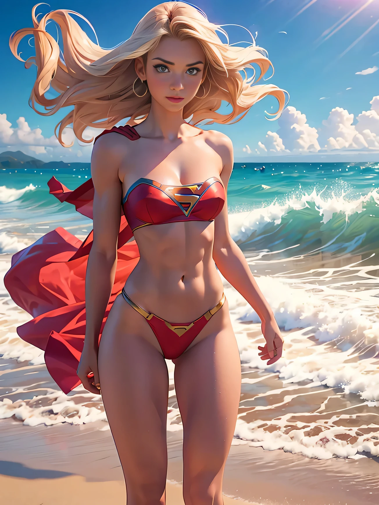 photo of a single age Supergirl in the form of large breasts medium with no bikini bottoms, bottomless with muscular arms and ripped abdominal muscles standing on the beach, long blonde hair blowing in the beach breeze, realistic skin tones, photo-realistic, cinematic, blue skies in background with waves crashing on the shore.