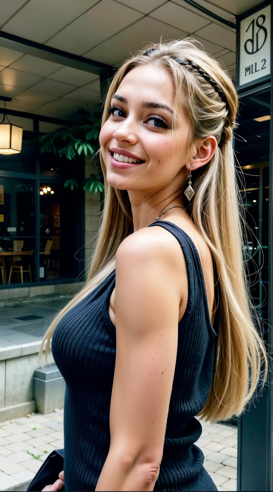 mulher arafa em um vestido preto em frente a um restaurante, linda e sorridente, Retrato de Sophie Mudd, uma loira linda, com longos cabelos loiros, longos cabelos loiros e olhos grandes,  de 19 anos, Her hair is long and straight, She is smiling, com cabelos loiros muito longos, penteado reto, linda jovem modelo, linda garota loira