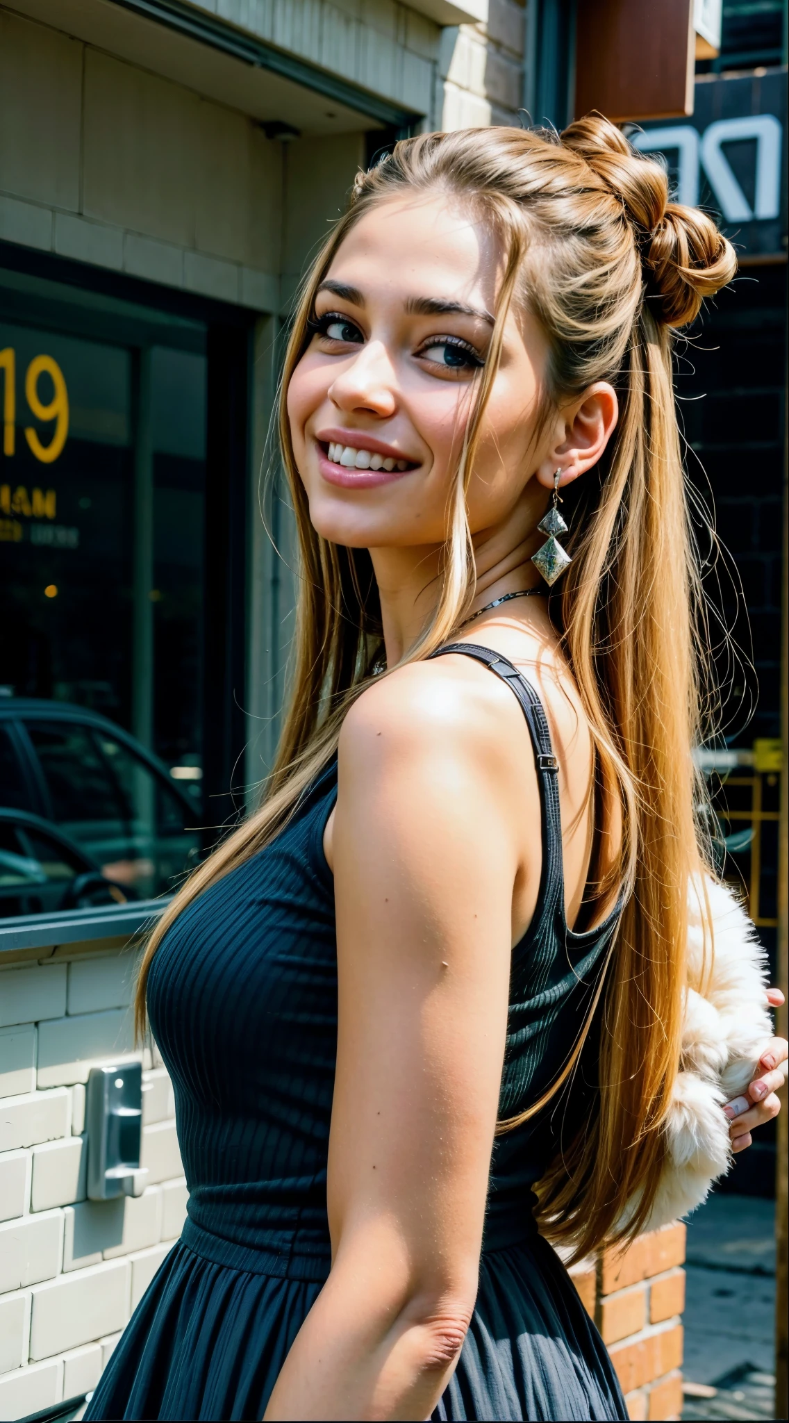 mulher arafa em um vestido preto em frente a um restaurante, linda e sorridente, Retrato de Sophie Mudd, uma loira linda, com longos cabelos loiros, longos cabelos loiros e olhos grandes,  de 19 anos, Her hair is long and straight, She is smiling, com cabelos loiros muito longos, penteado reto, linda jovem modelo, linda garota loira