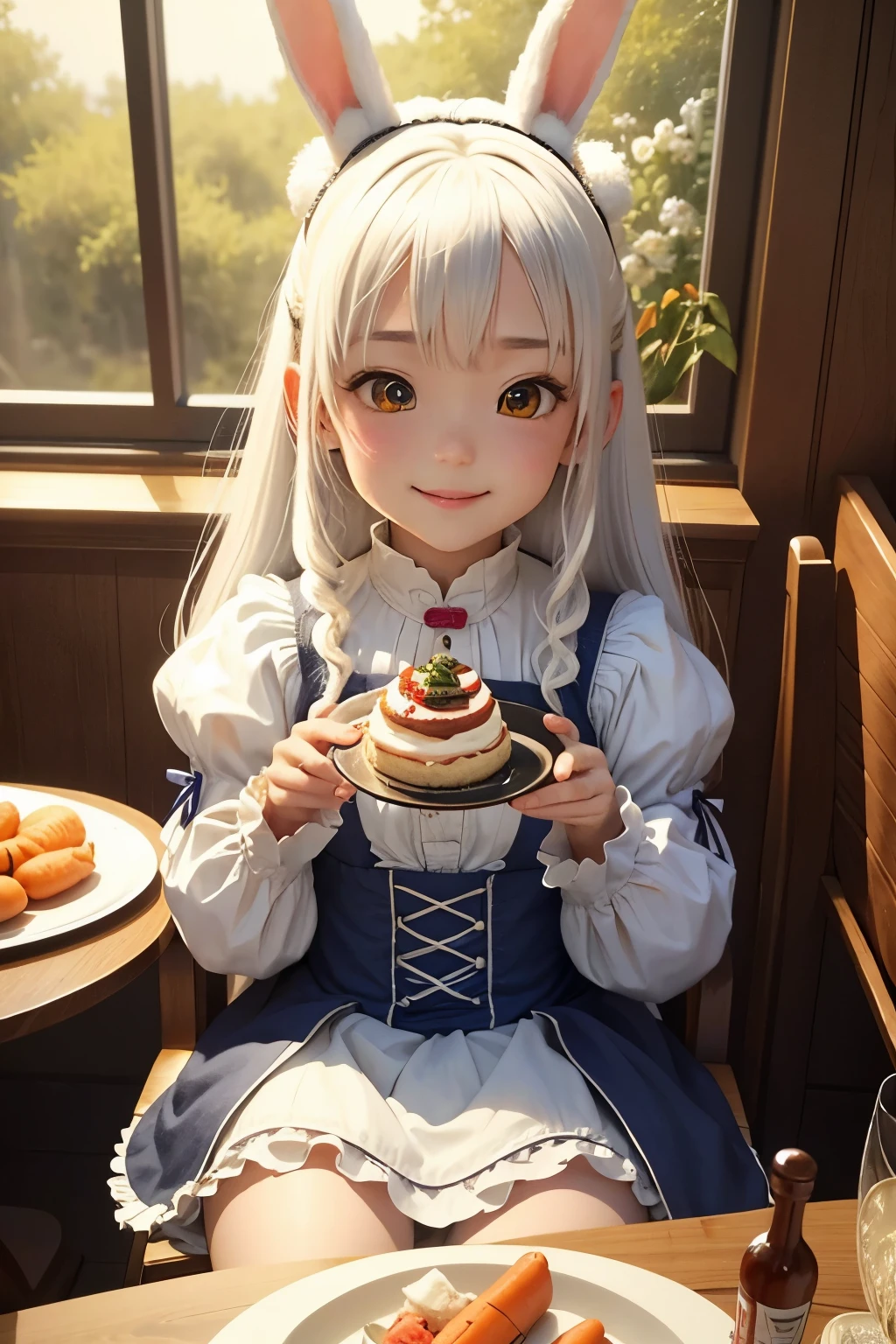 masterpiece、high quality、high resolution、High resolution、genuine、3D、two girls、sisters、white hair、(white rabbit&animal ears)、fluffy ears、small ears、rabbit girl、fluffy fur、Carrot、maid、smile、Dining at the table、open your mouth、Carrotをフォークで刺す&Carrotを口元に当てる、sit on a chair、