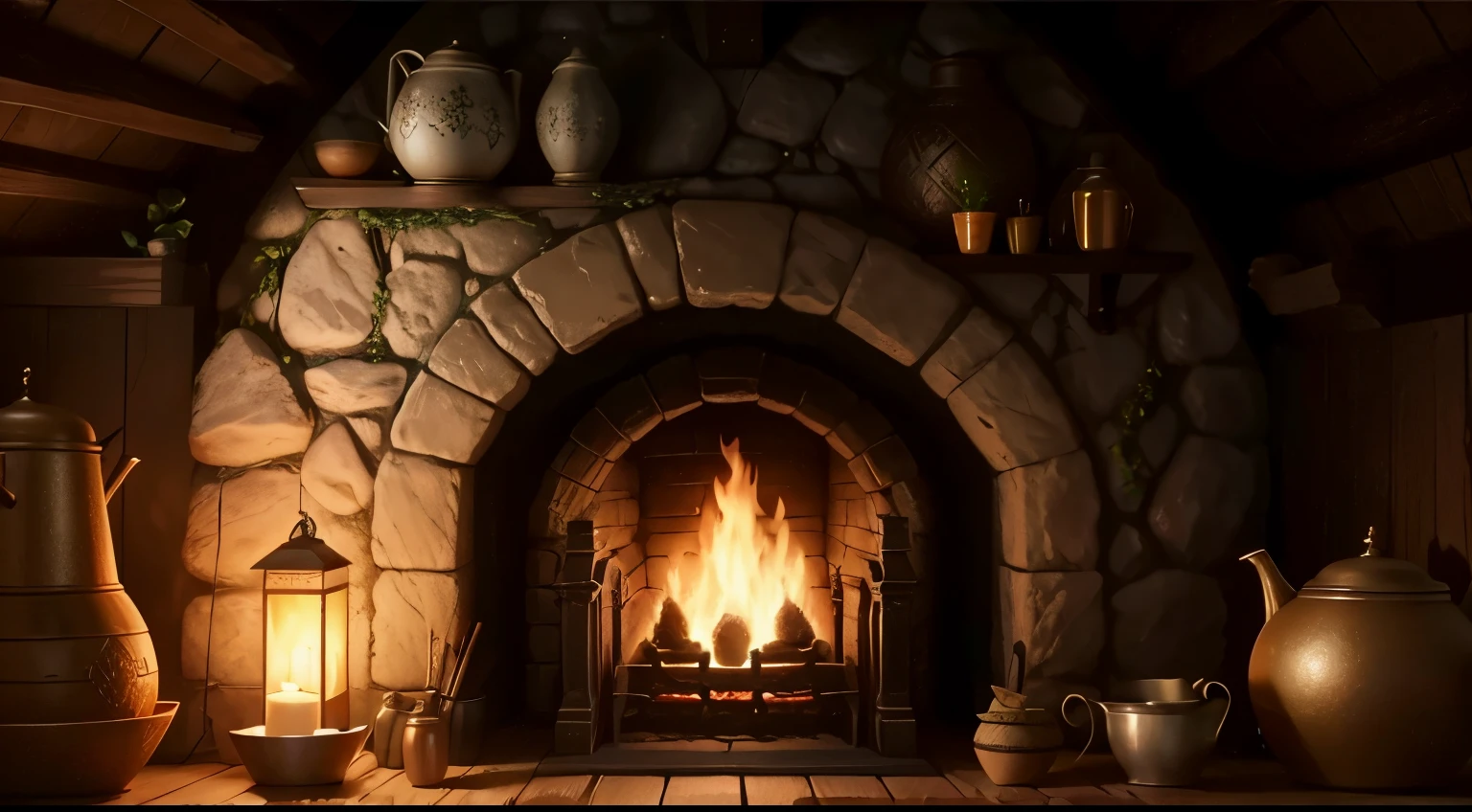 lareira with a fire in it and a pitcher beside it, warm lareira, cosy lareira, lareira rugindo, em sua casa de hobbit, in fantasy tavern near lareira, lareira, irori lareira, ambiente aconchegante, papel de parede aconchegante, realistic fantasy rendering, interior of a buraco do hobbit, very realistic render, lugar aconchegante, renderizado no motor irreal 5, super detailed rendering, buraco do hobbit