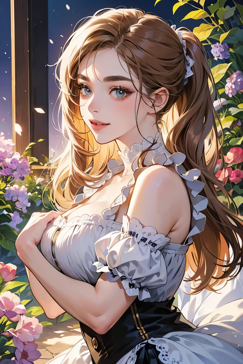 (table top, digital illustration, 4k, 8k, Super detailed, beautiful images, clear image, perfect face, perfect lines, perfect eyes, soft lighting) 1 female, (light brown hair,chignon hair,innocent look,droopy eyebrows,droopy eyes、With a round face,round chin、innocence,cute,Big eyes,natural makeup,smile gently,E cup,23 years old:1.3),Two handsome men in suits, (human,man in suit,muscular,solid shoulder width, boyish hairstyle,A man in his 30s with a cool expression,28 year old man with a bright smile:1.2),garden full of light、lots of flowers、Squirting、colorful flower light,(embarrassing,shy smile:1.2),resort sofa,kiss、カップルkiss、romance porn、couple of man and woman hugging each other、Waitress、Byte in Byte、Maid clothes、Hitting the hips